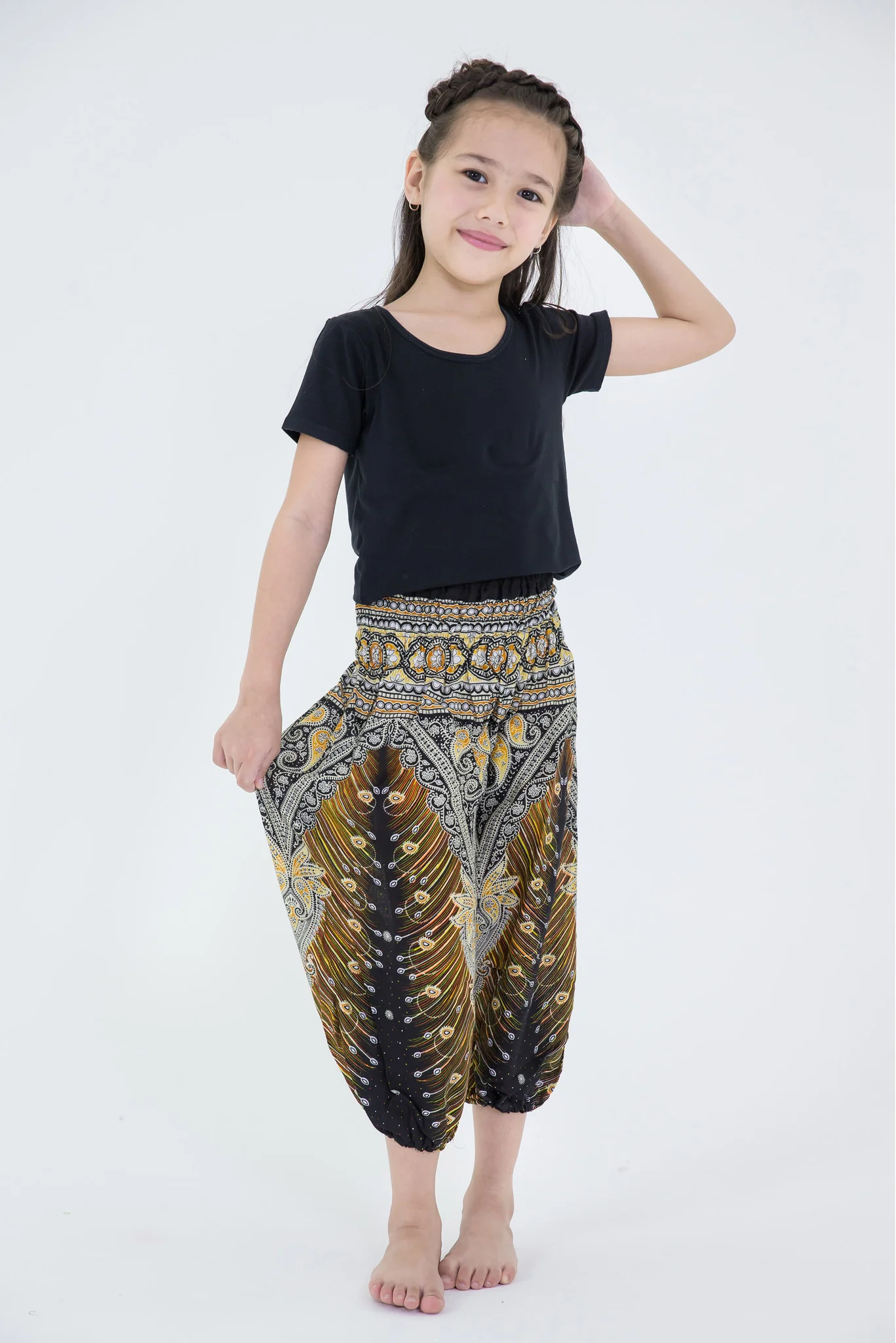 Peacock Feathers Kids Harem Pants in Black