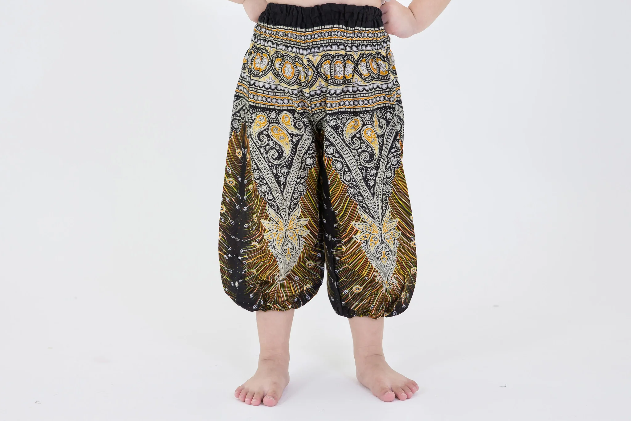 Peacock Feathers Kids Harem Pants in Black