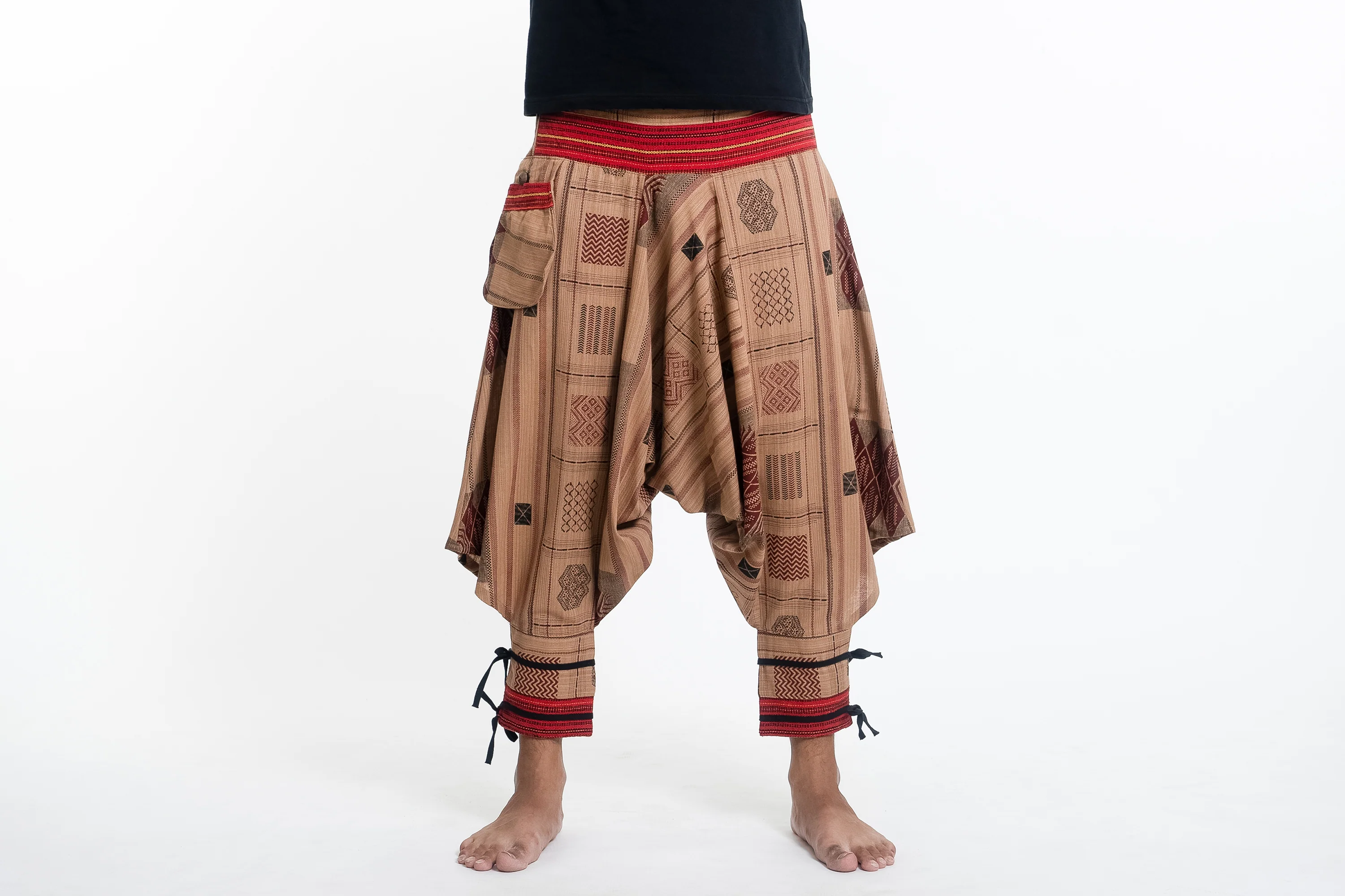 Thai Hill Tribe Fabric Men's Harem Pants with Ankle Straps in Beige