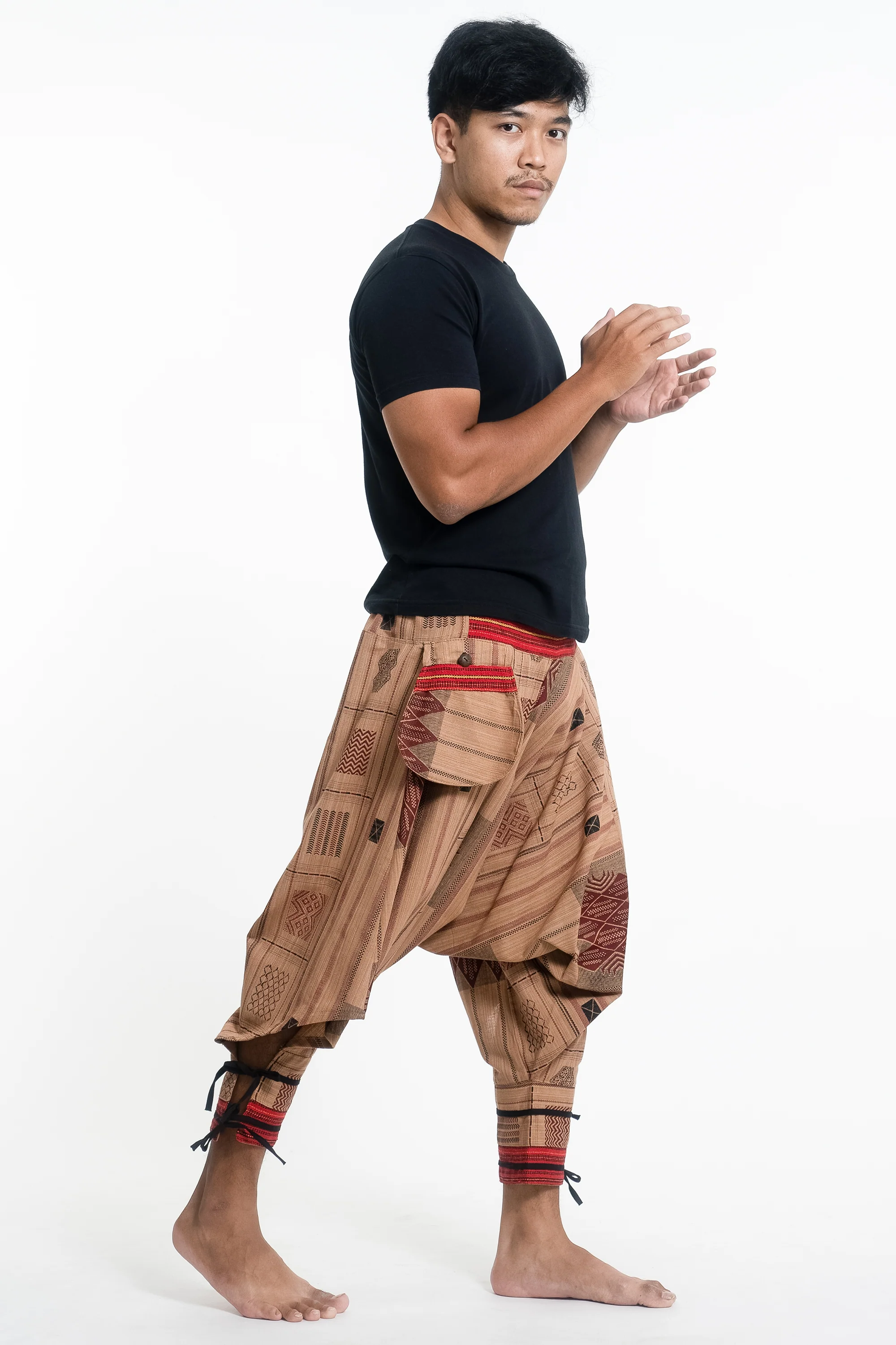 466-Thai-Hill-Tribe-Fabric-Men-s-Harem-Pants-with-Ankle-Straps-in-Beige-3.webp Thai Hill Tribe Fabric Men's Harem Pants with Ankle Straps in Beige