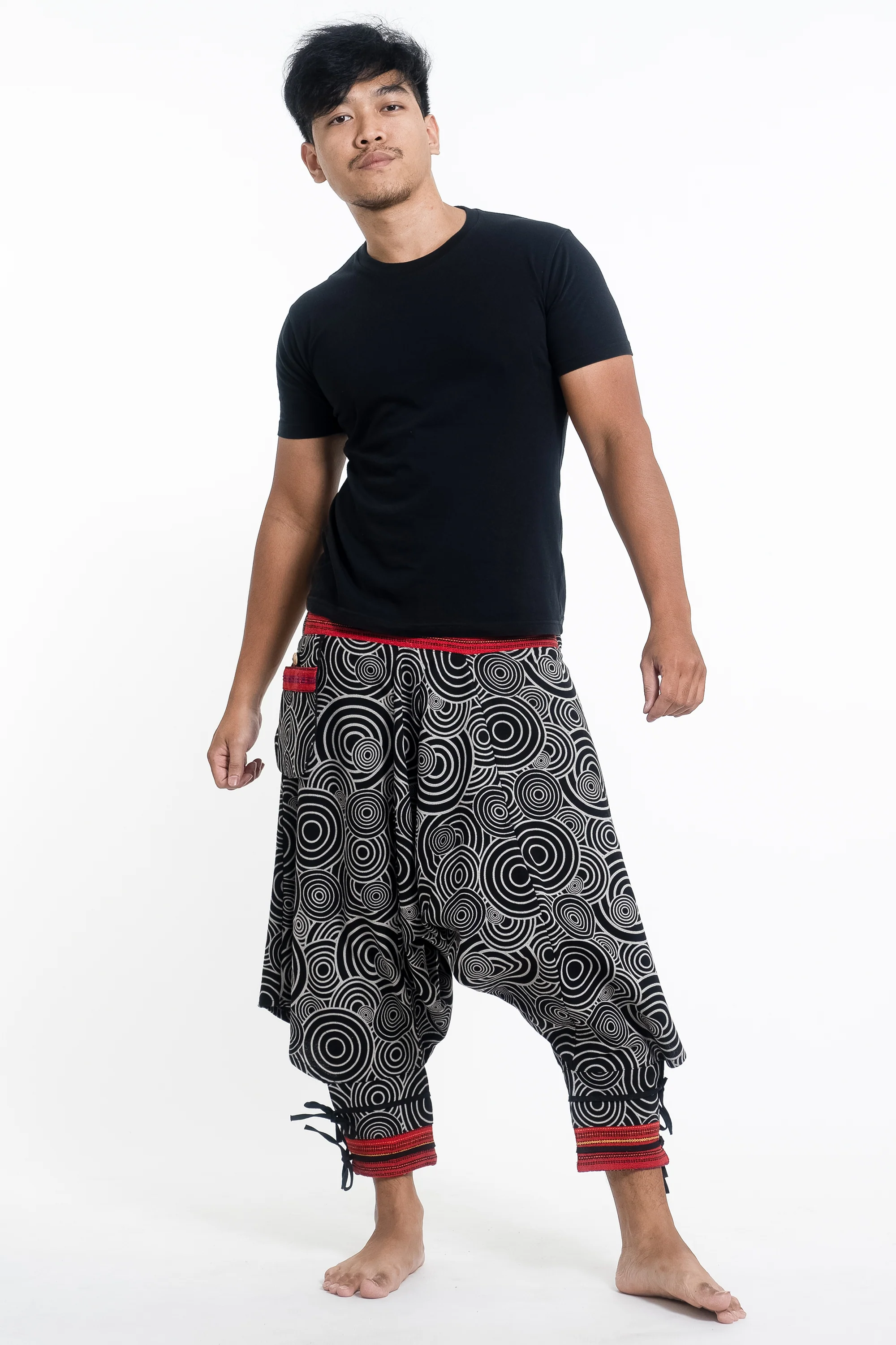 Swirls Prints Thai Hill Tribe Fabric Men's Harem Pants with Ankle Straps in Black