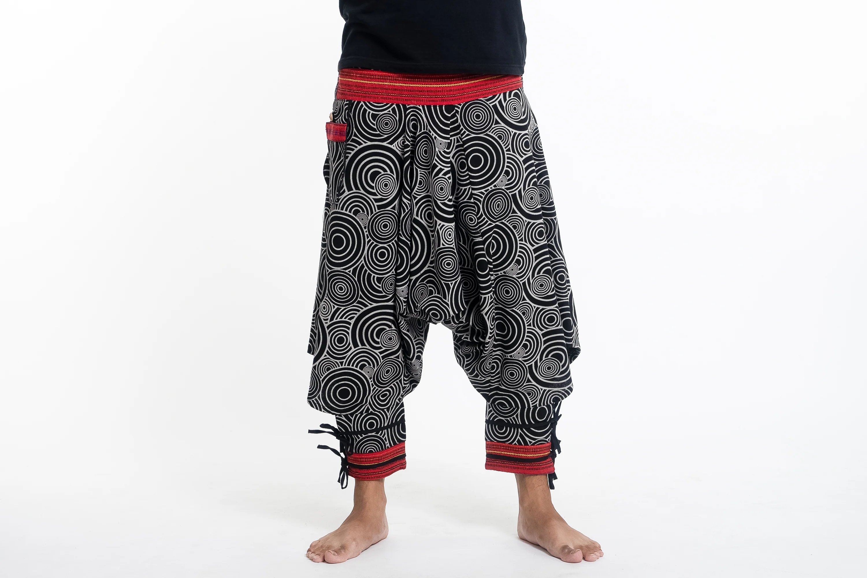 Swirls Prints Thai Hill Tribe Fabric Men's Harem Pants with Ankle Straps in Black
