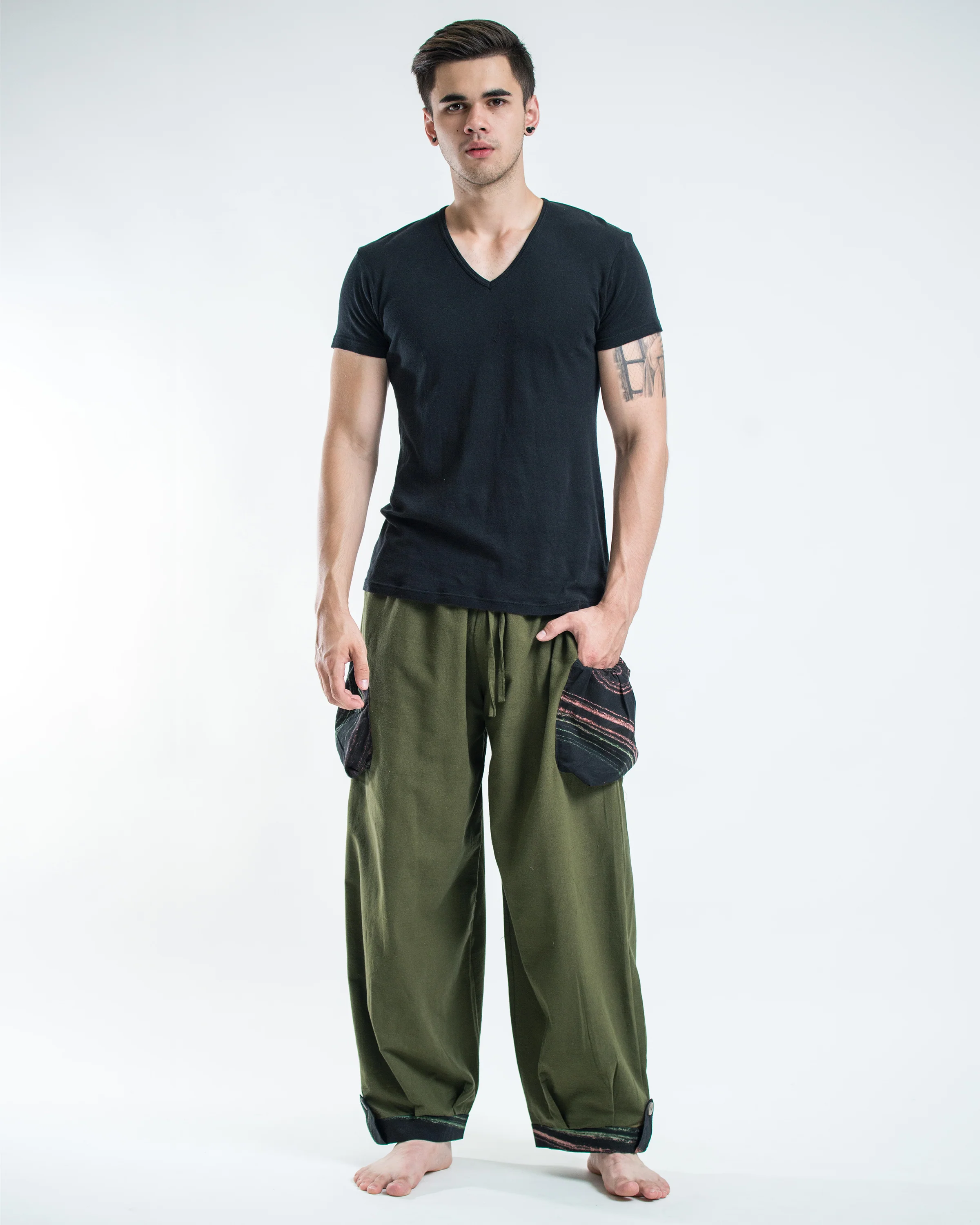 Thai Cotton Men Drawstring Pants With Hill Tribe Trim Olive