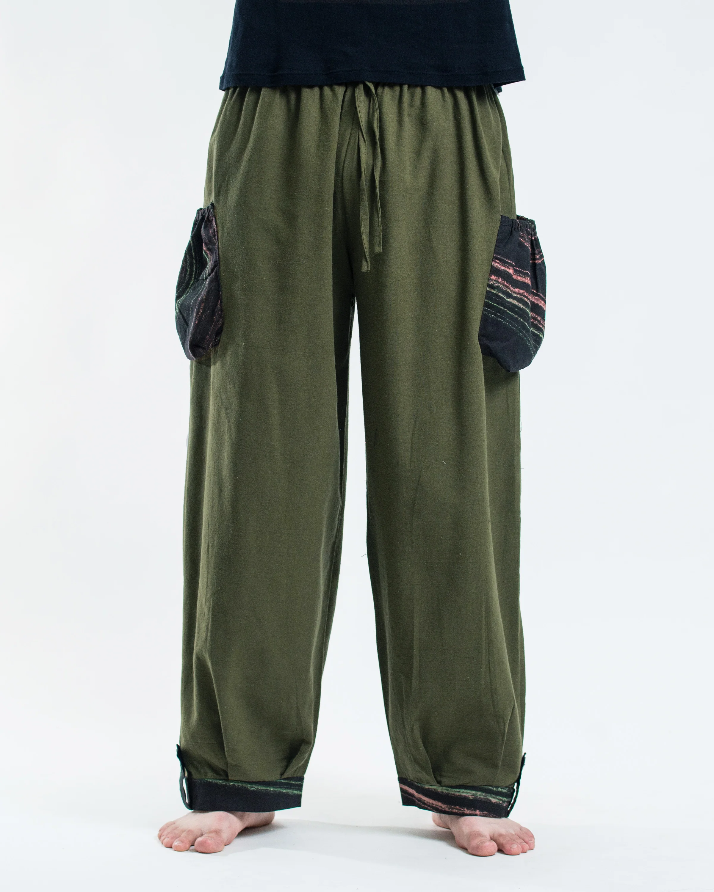 Thai Cotton Men Drawstring Pants With Hill Tribe Trim Olive