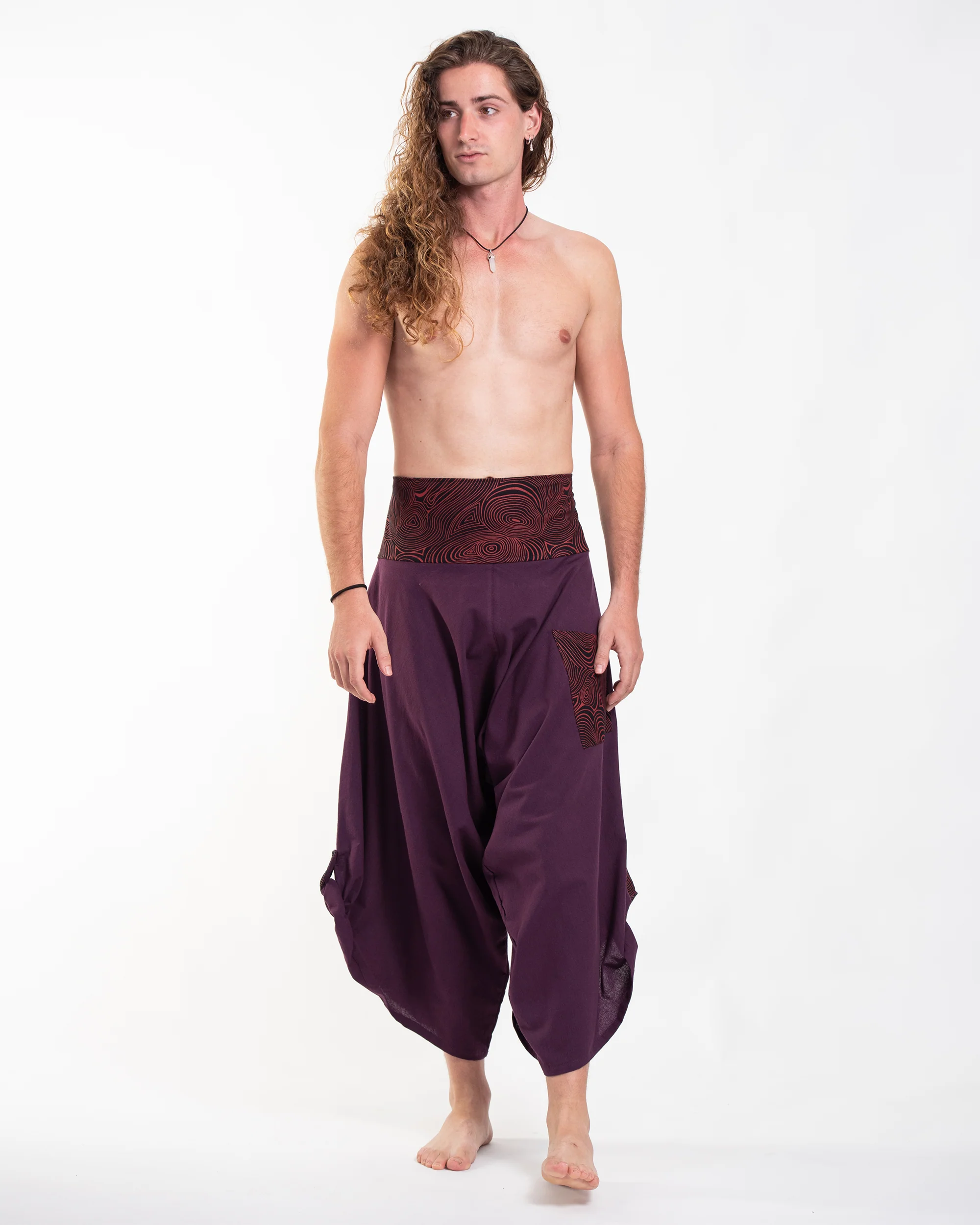 Men's Thai Button Up Cotton Pants with Hill Tribe Trim Purple