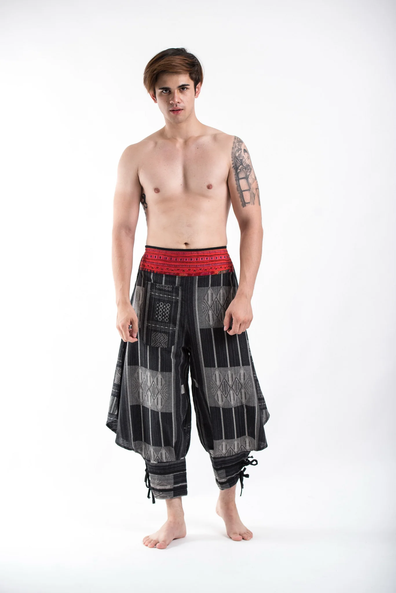 Thai Hill Tribe Fabric Men's Harem Pants with Ankle Straps in Charcoal Gray