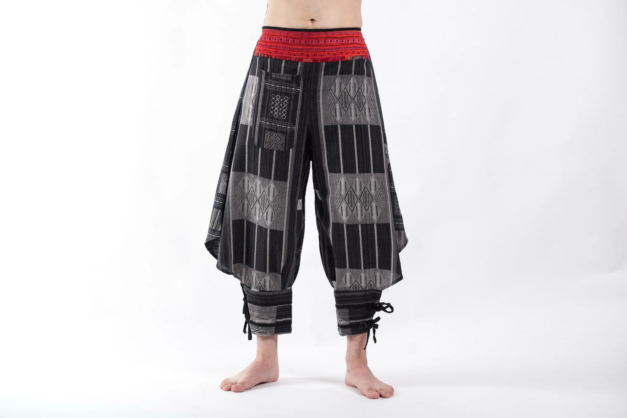 Thai Hill Tribe Fabric Men's Harem Pants with Ankle Straps in Charcoal Gray