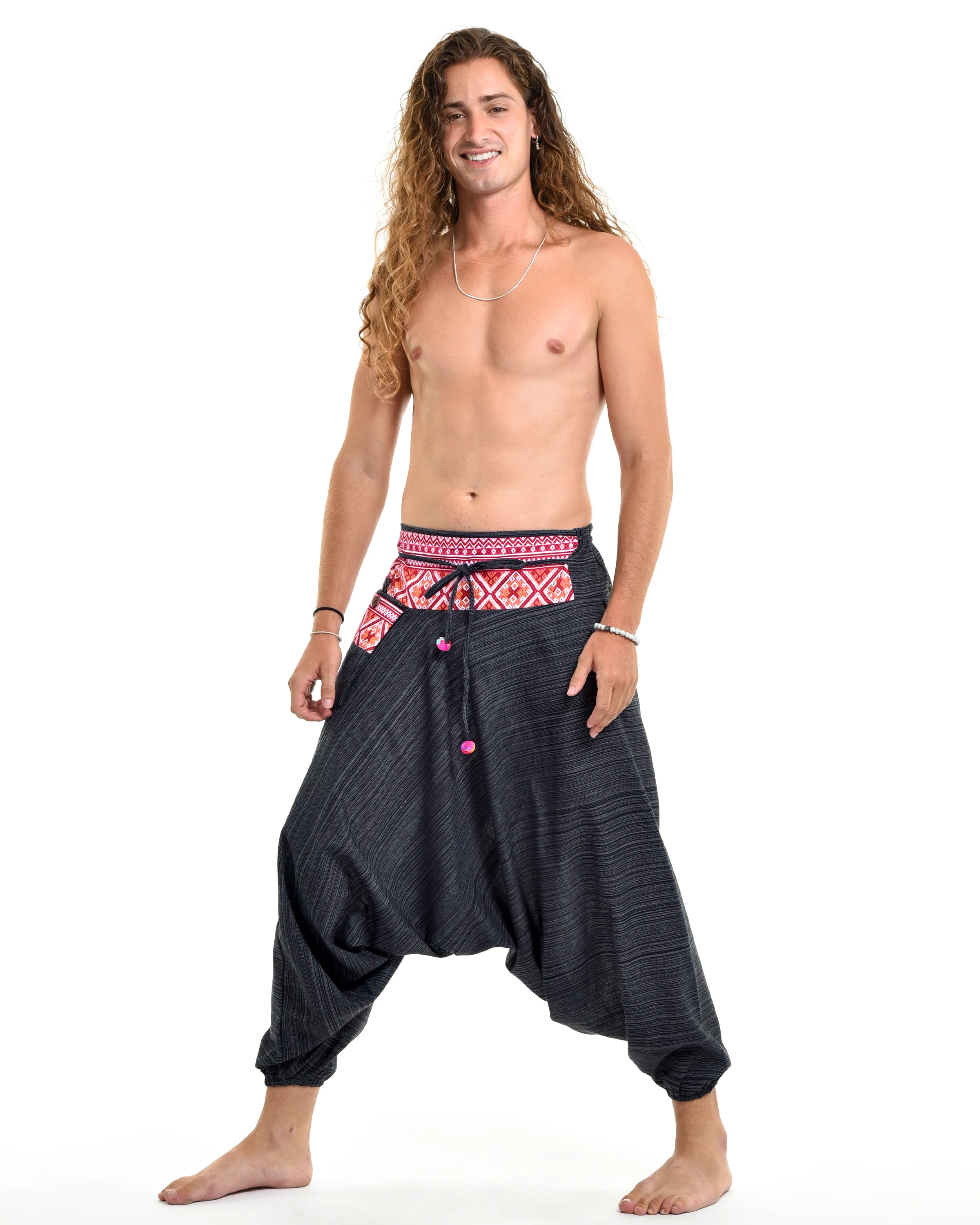 Pinstripe Cotton Low Cut Men's Harem Pants With Hill Tribe Trim Black