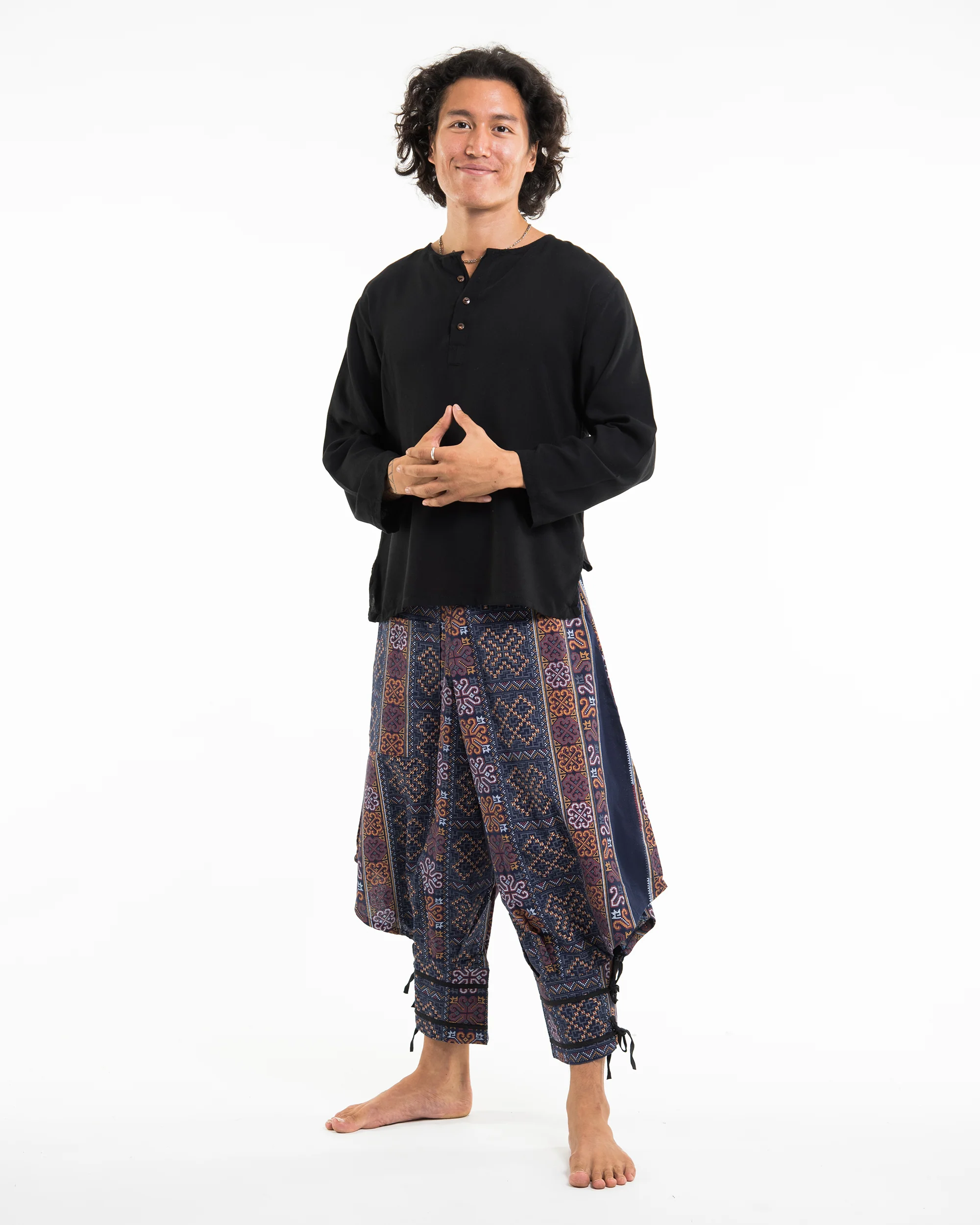 Clovers Thai Hill Tribe Fabric Men's Harem Pants with Ankle Straps in Blue