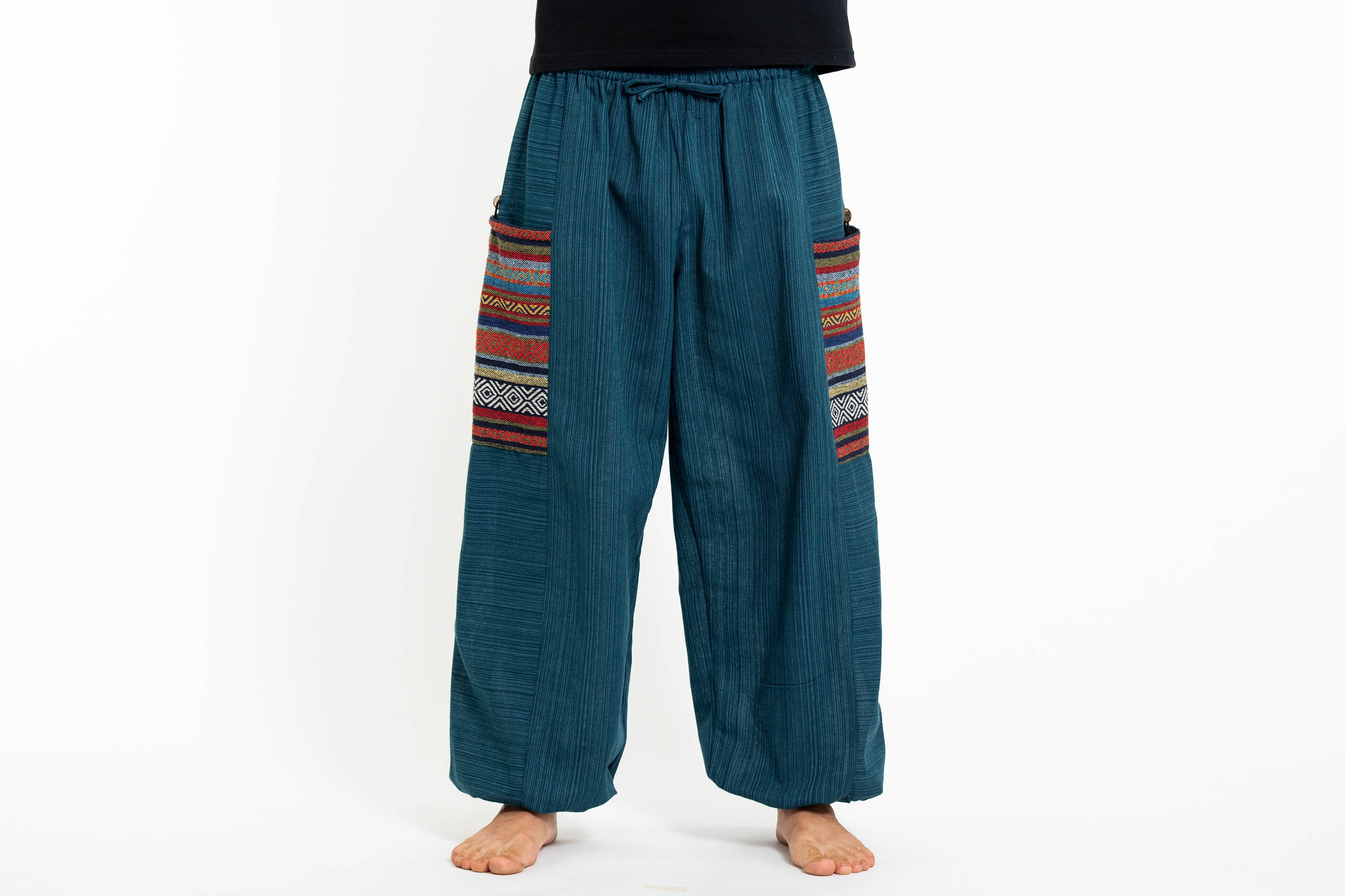 Men's Drawstring Pinstripes Cotton Pants with Aztec Pocket in Turquoise