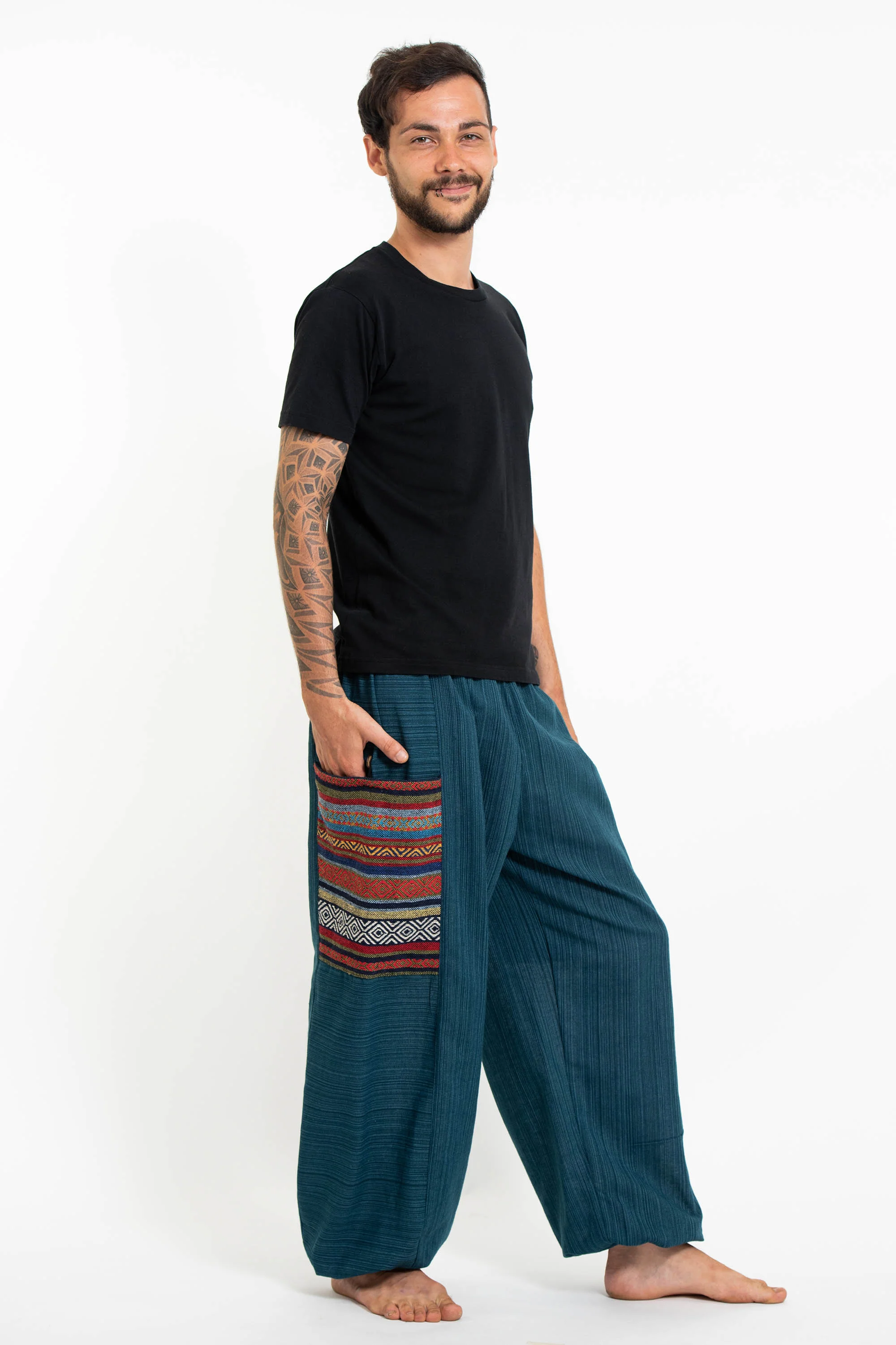 477-Men-s-Drawstring-Pinstripes-Cotton-Pants-with-Aztec-Pocket-in-Turquoise-3.webp Men's Drawstring Pinstripes Cotton Pants with Aztec Pocket in Turquoise
