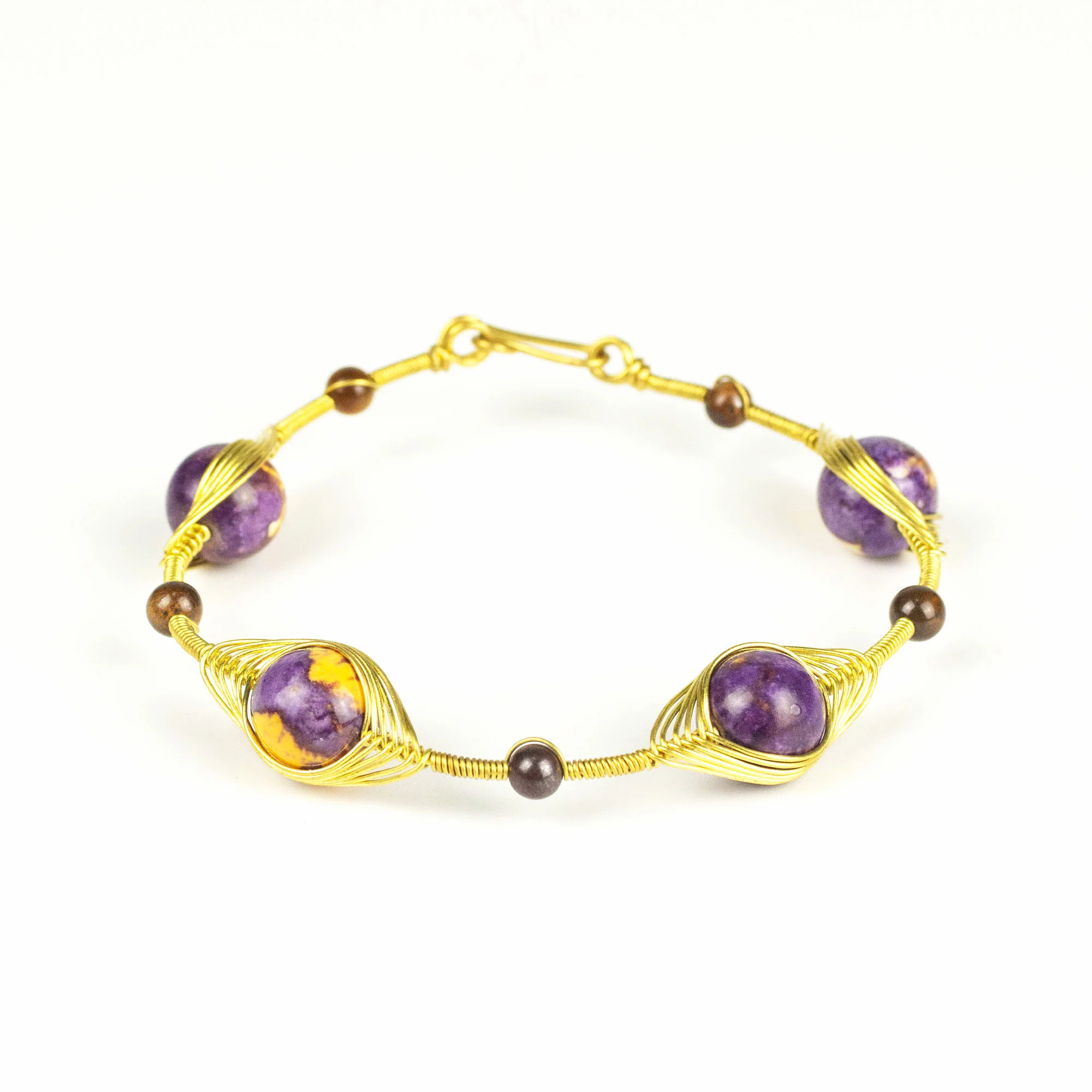Wired Brass Bracelet with Purple Marble Beads