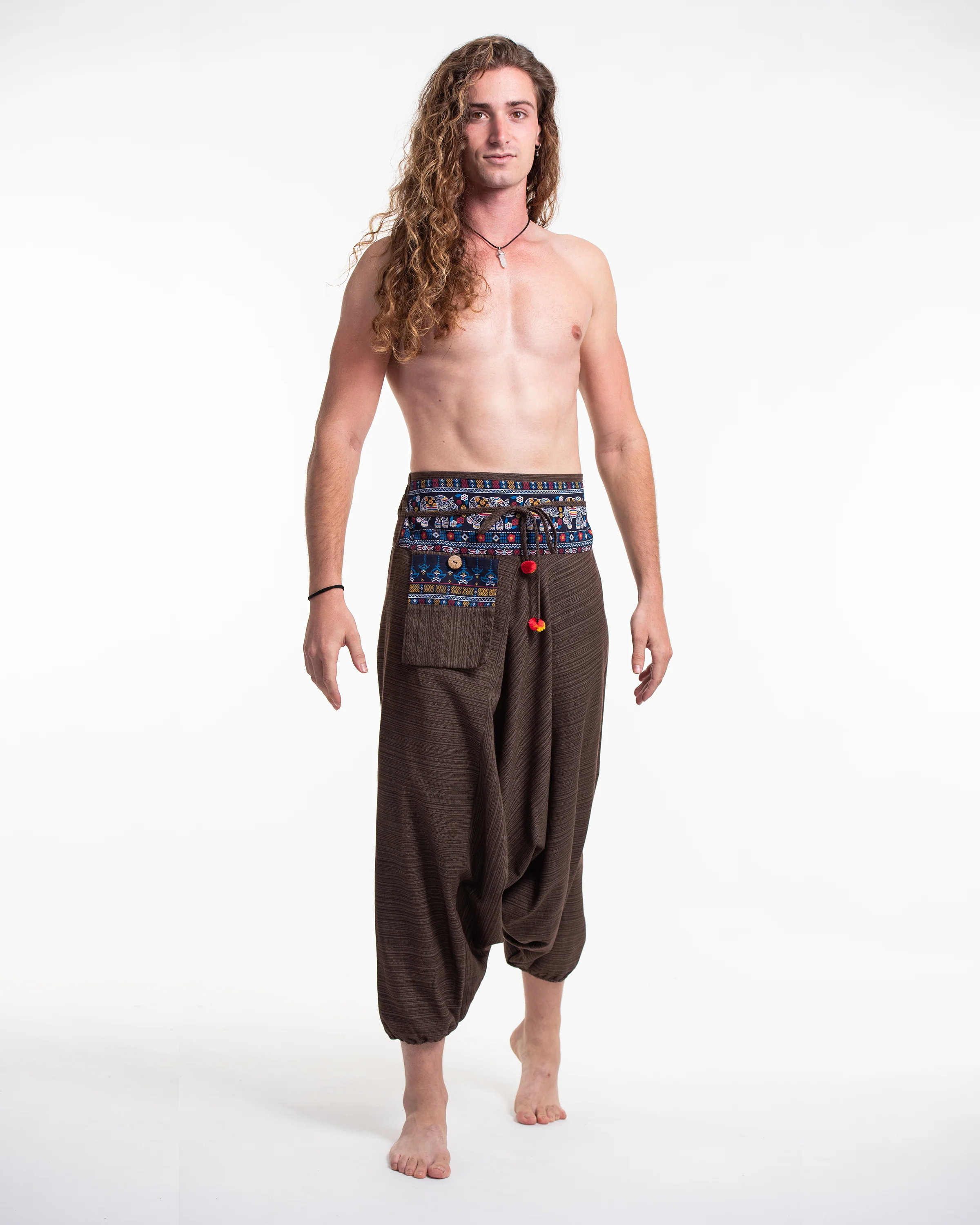 Pinstripe Cotton Low Cut Men's Harem Pants with Elephant Trim in Brown