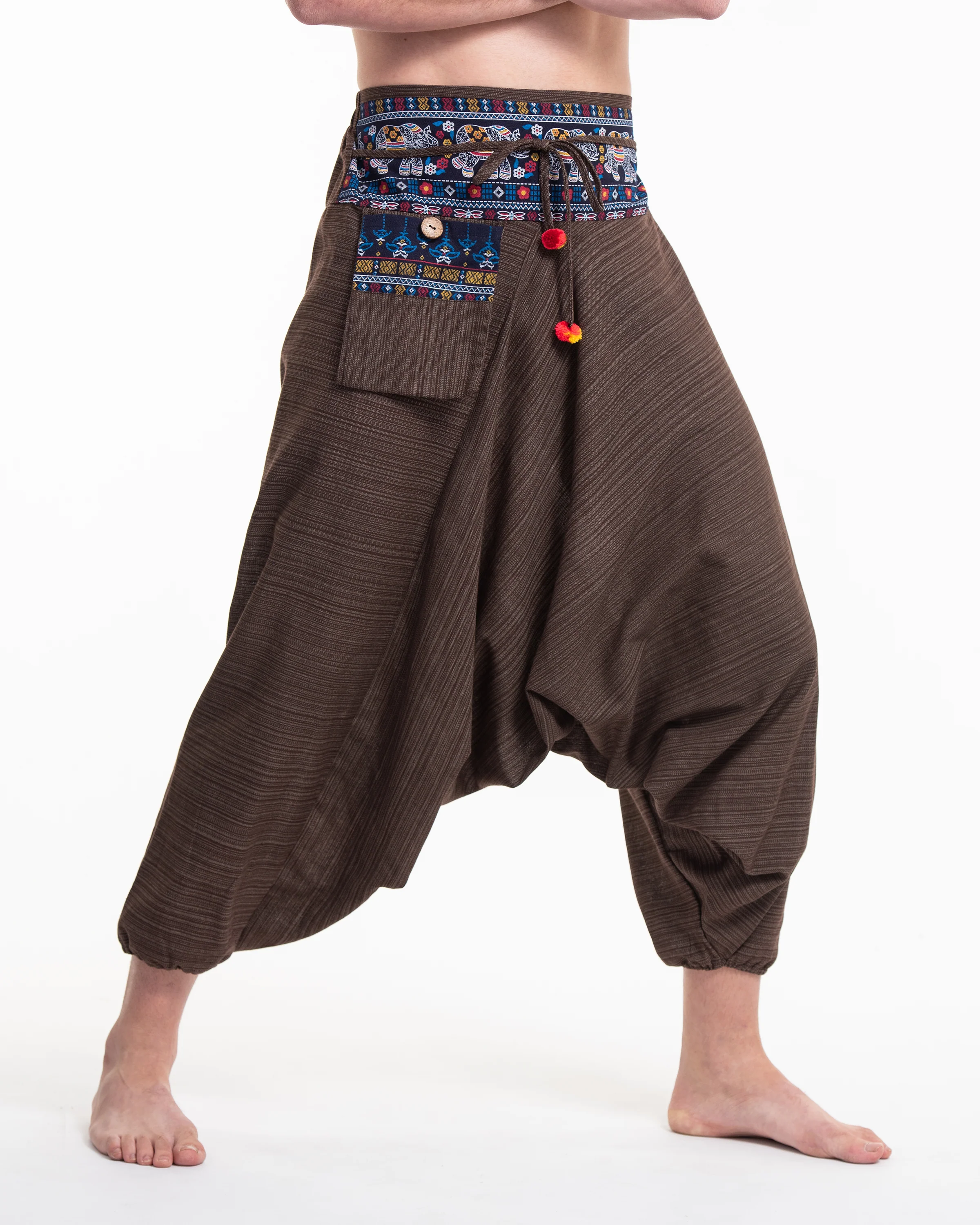 Pinstripe Cotton Low Cut Men's Harem Pants with Elephant Trim in Brown