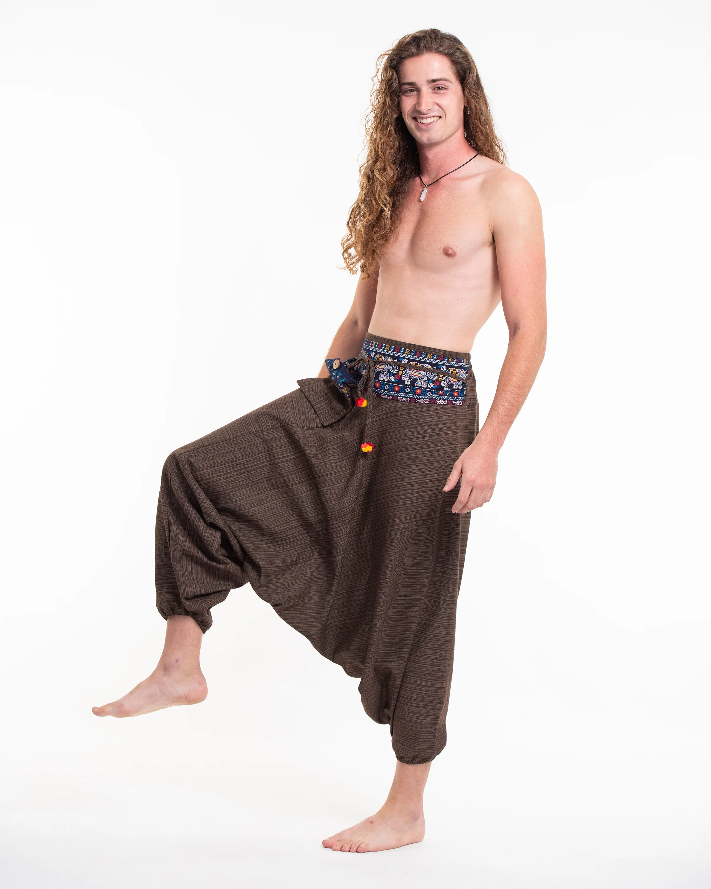 481-Pinstripe-Cotton-Low-Cut-Men-s-Harem-Pants-with-Elephant-Trim-in-Brown-3.webp Pinstripe Cotton Low Cut Men's Harem Pants with Elephant Trim in Brown