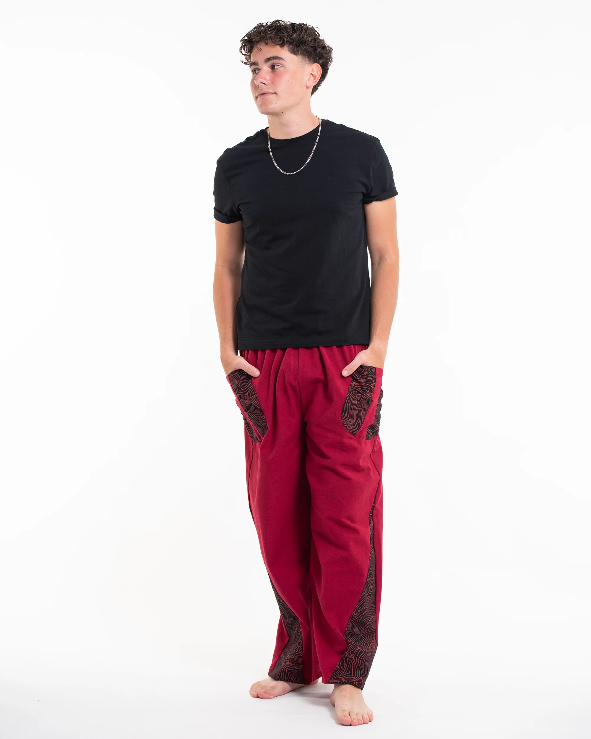482-Thai-Cotton-Men-s-Pants-With-Hill-Tribe-Trim-in-Red-3.webp Thai Cotton Men's Pants With Hill Tribe Trim in Red