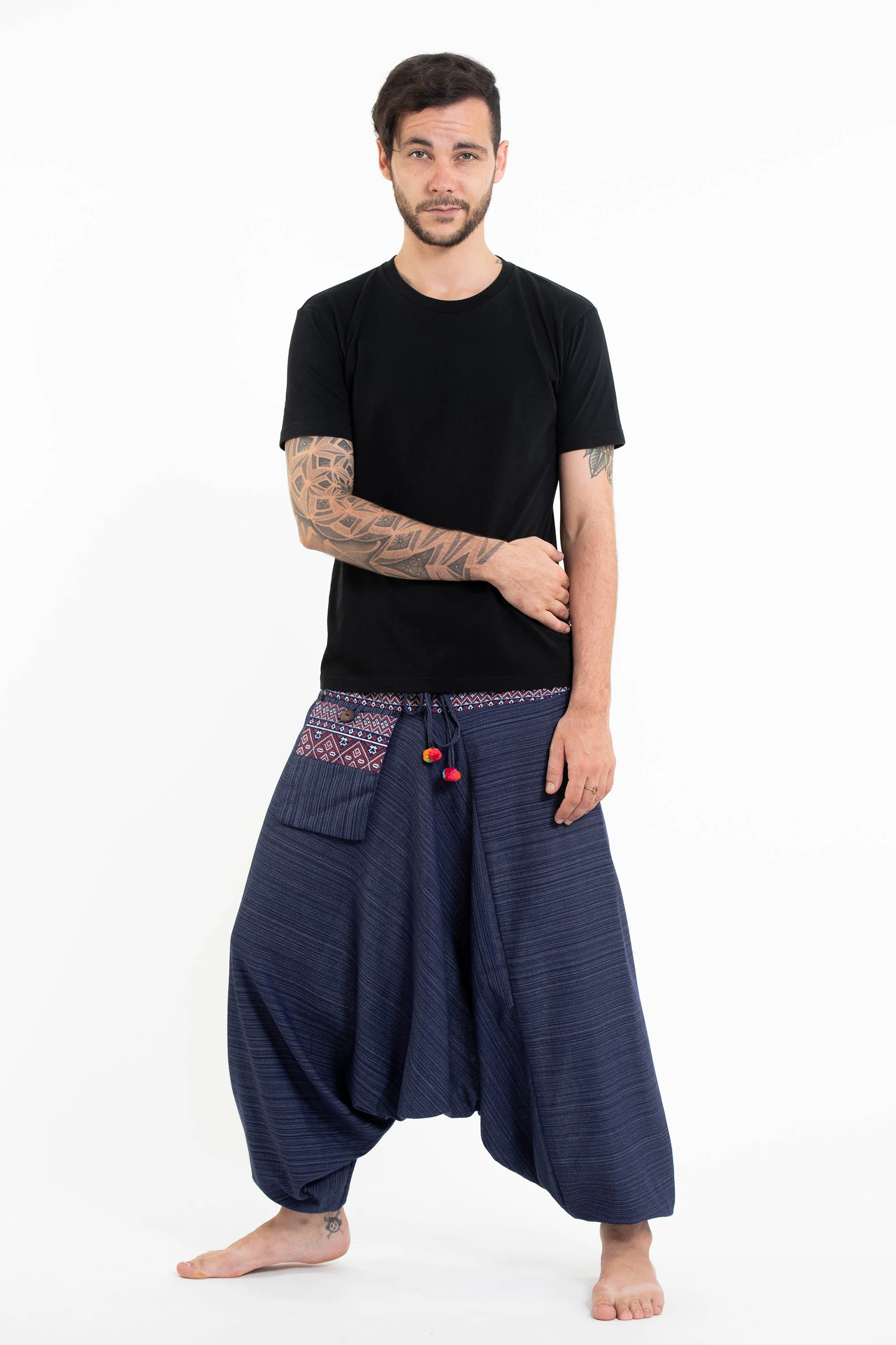 Pinstripe Cotton Low Cut Men's Harem Pants With Hill Tribe Trim Navy
