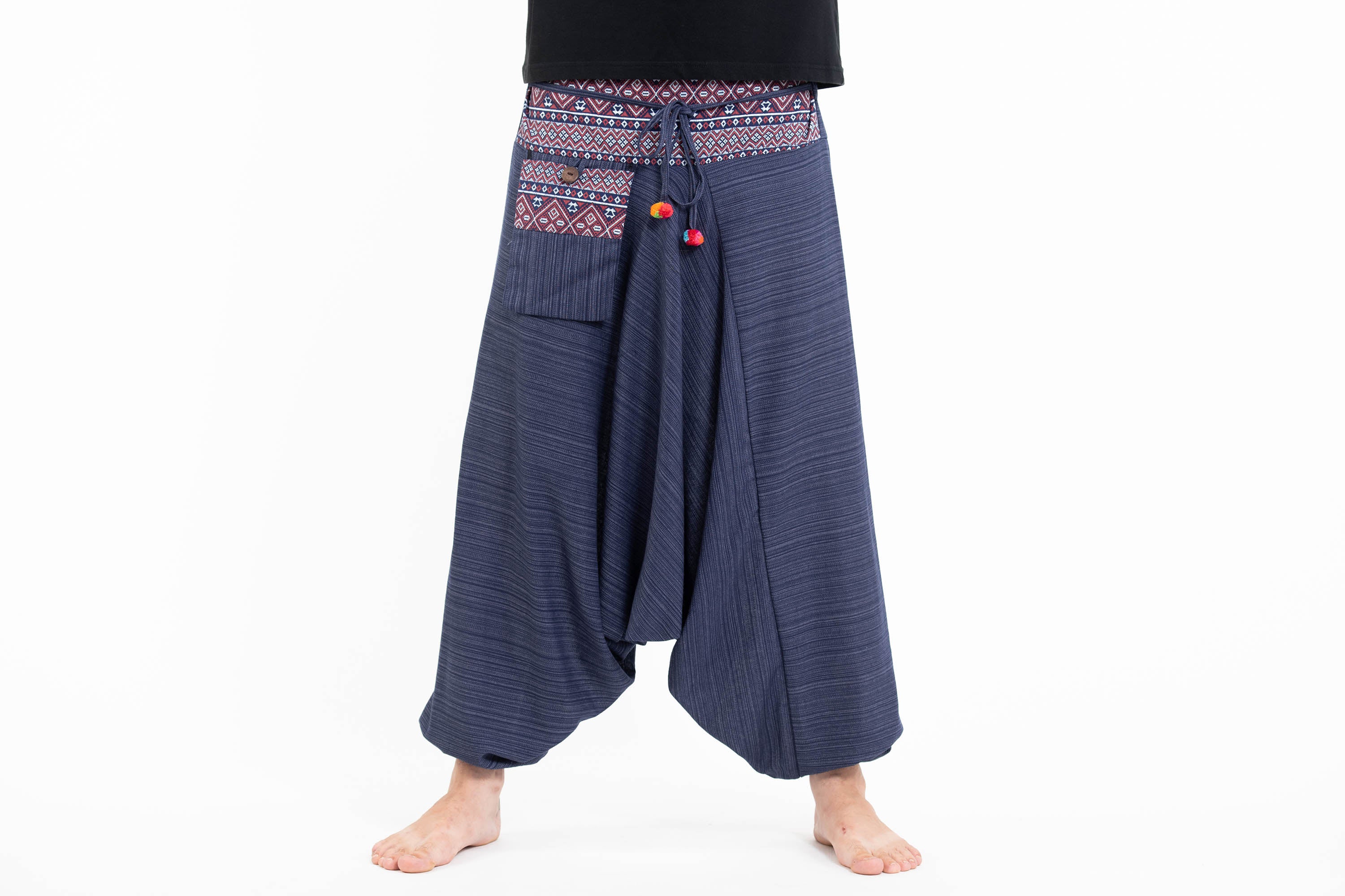Pinstripe Cotton Low Cut Men's Harem Pants With Hill Tribe Trim Navy