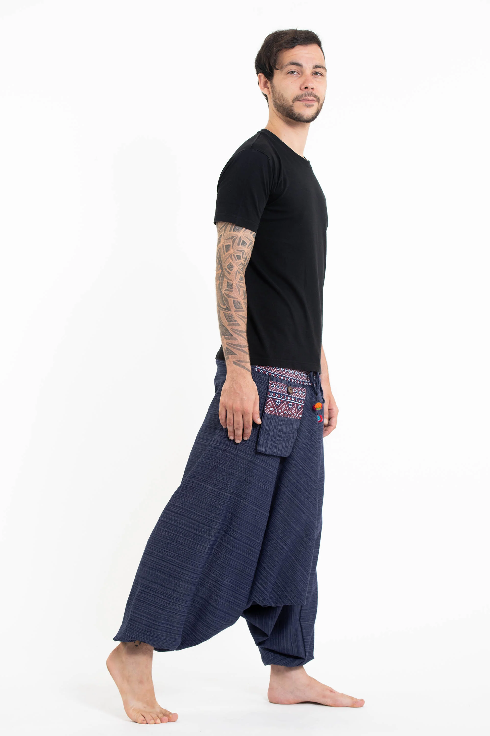 483-Pinstripe-Cotton-Low-Cut-Men-s-Harem-Pants-With-Hill-Tribe-Trim-Navy-3.webp Pinstripe Cotton Low Cut Men's Harem Pants With Hill Tribe Trim Navy
