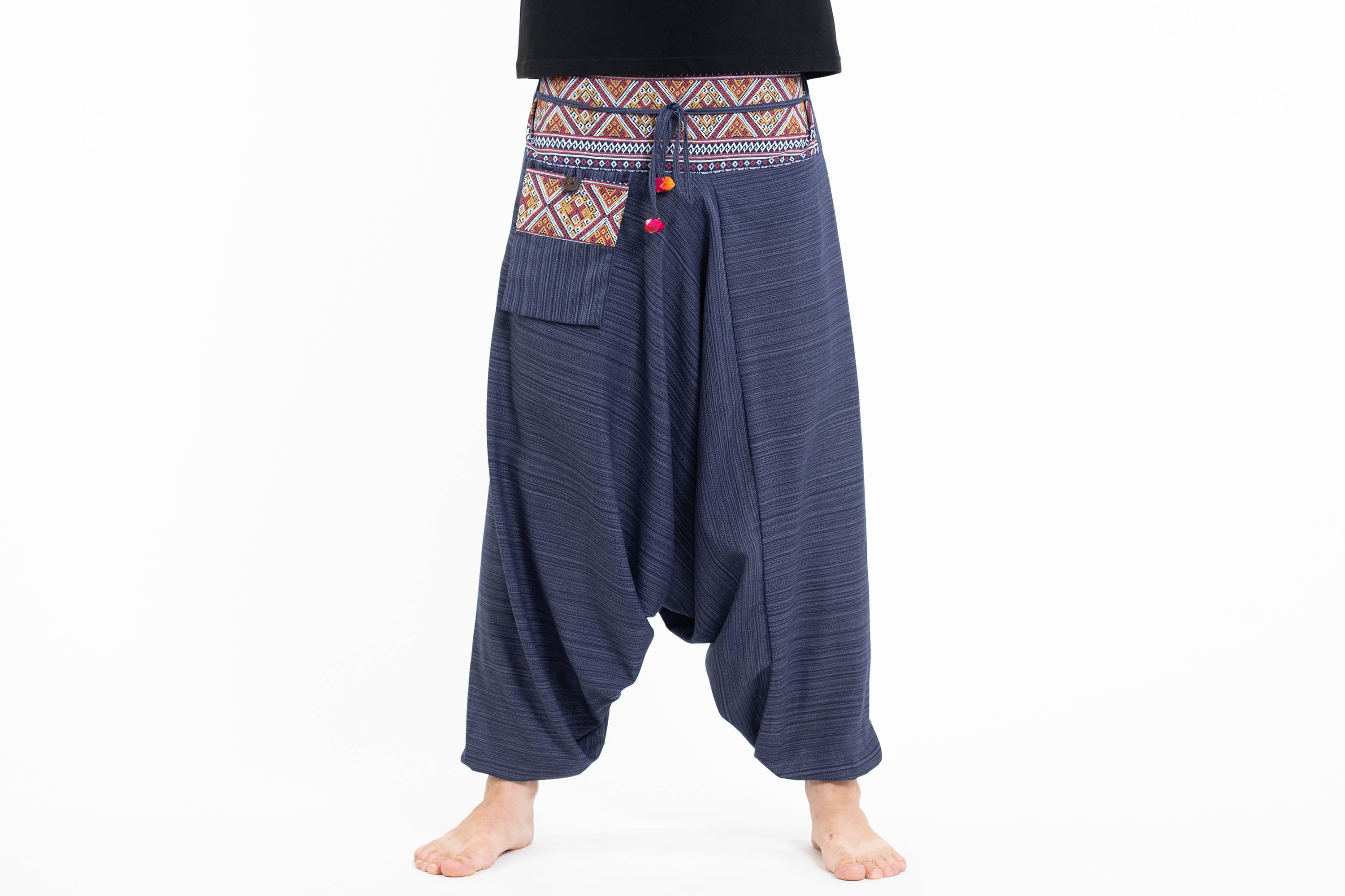 483-Pinstripe-Cotton-Low-Cut-Men-s-Harem-Pants-With-Hill-Tribe-Trim-Navy-4.jpg Pinstripe Cotton Low Cut Men's Harem Pants With Hill Tribe Trim Navy
