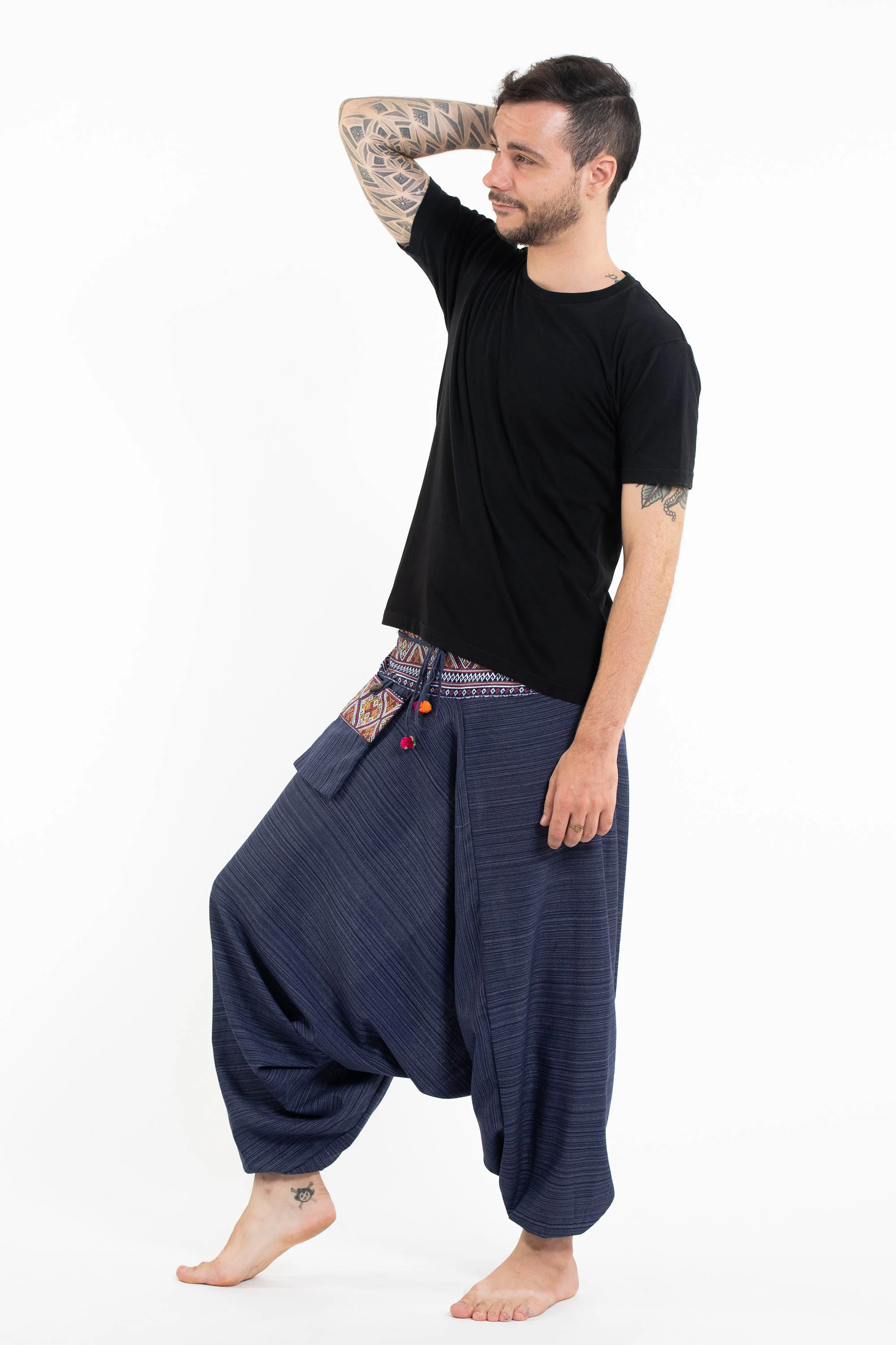 483-Pinstripe-Cotton-Low-Cut-Men-s-Harem-Pants-With-Hill-Tribe-Trim-Navy-5.webp Pinstripe Cotton Low Cut Men's Harem Pants With Hill Tribe Trim Navy