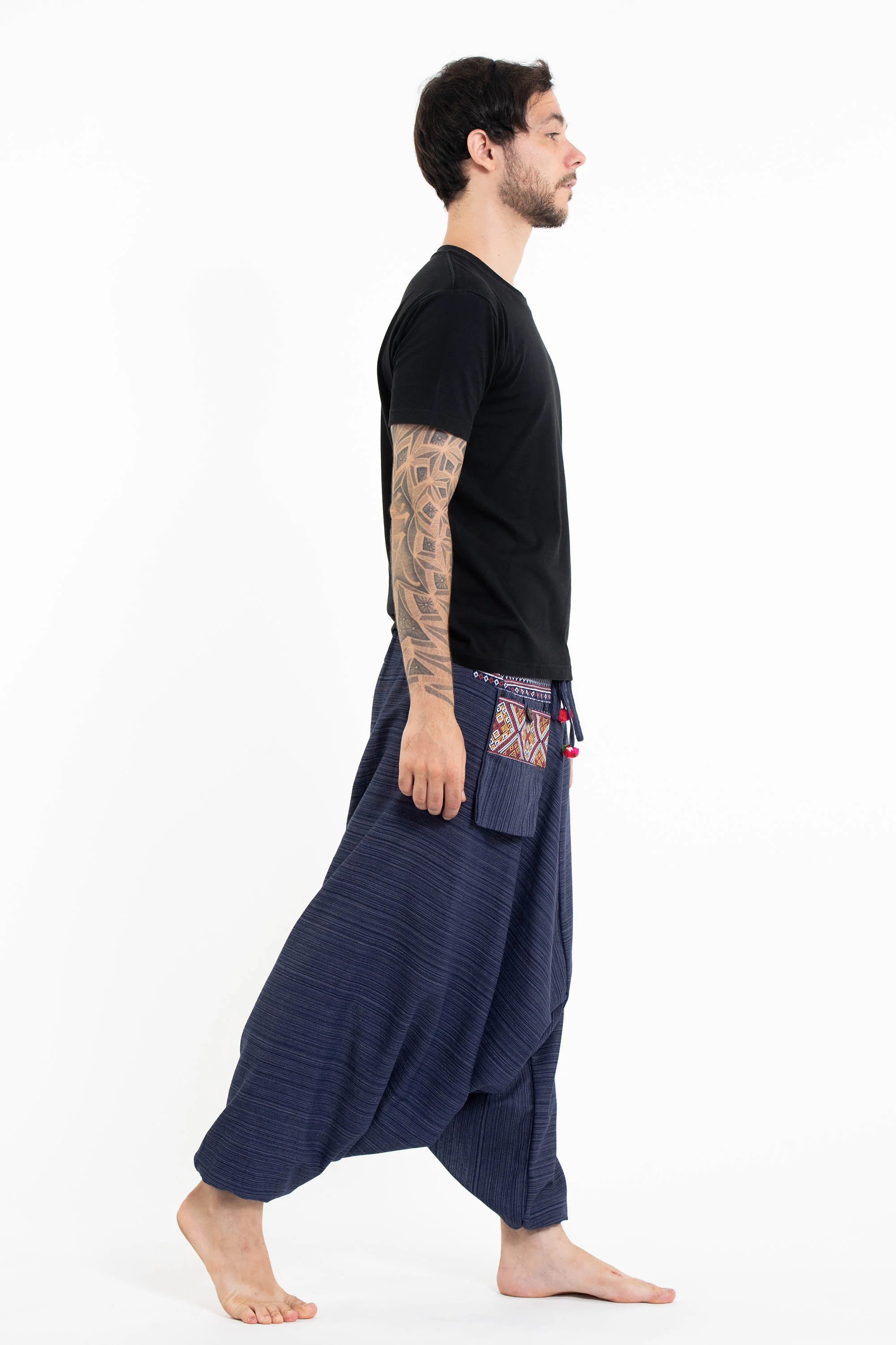 483-Pinstripe-Cotton-Low-Cut-Men-s-Harem-Pants-With-Hill-Tribe-Trim-Navy-6.webp Pinstripe Cotton Low Cut Men's Harem Pants With Hill Tribe Trim Navy