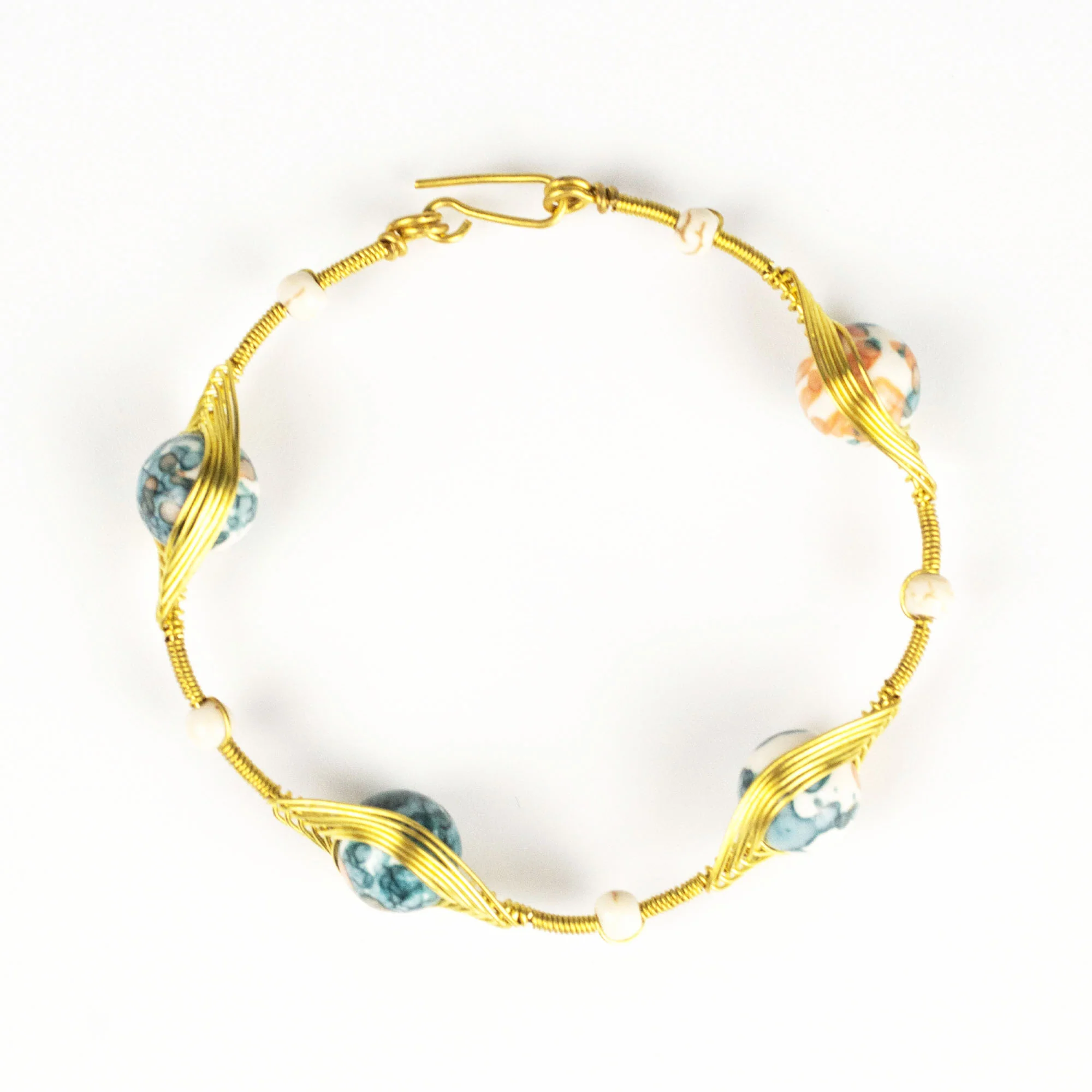Wired Brass Bracelet with Green Marble Beads