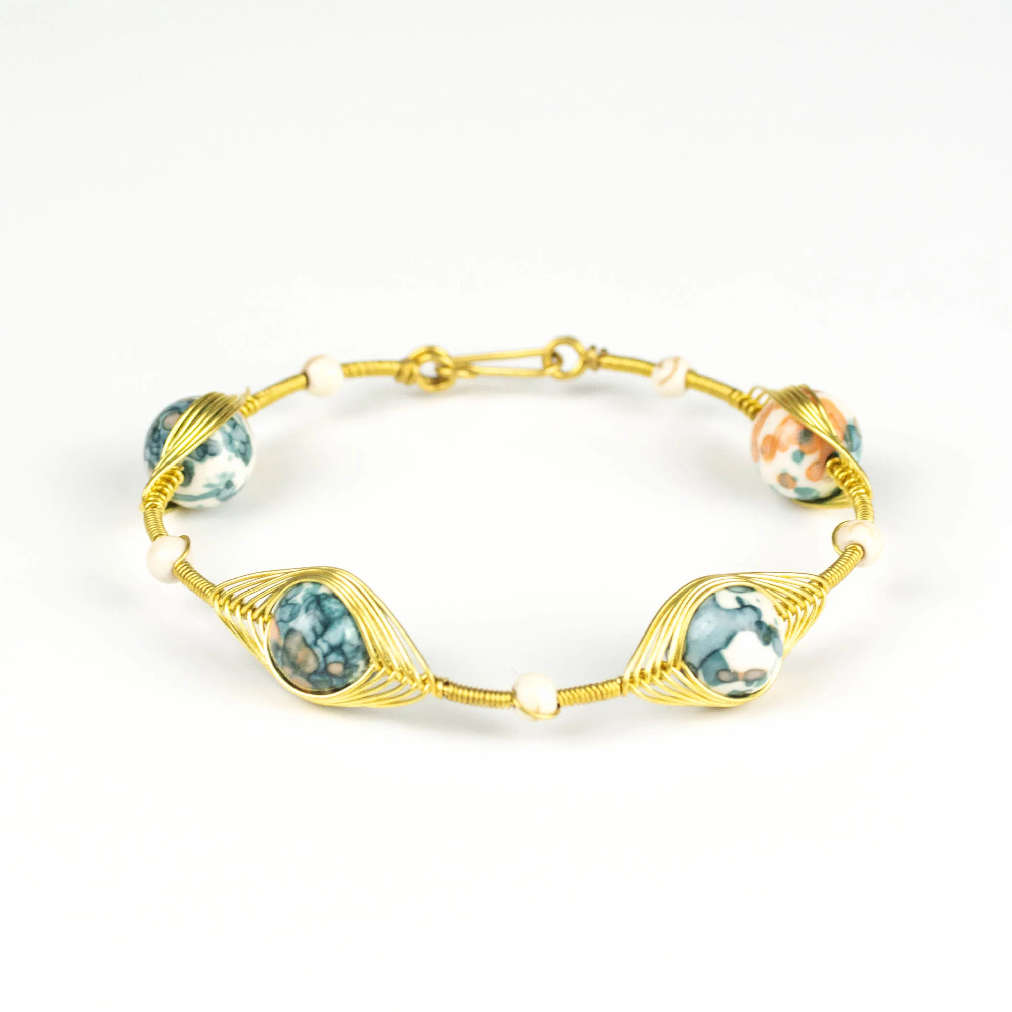 Wired Brass Bracelet with Green Marble Beads