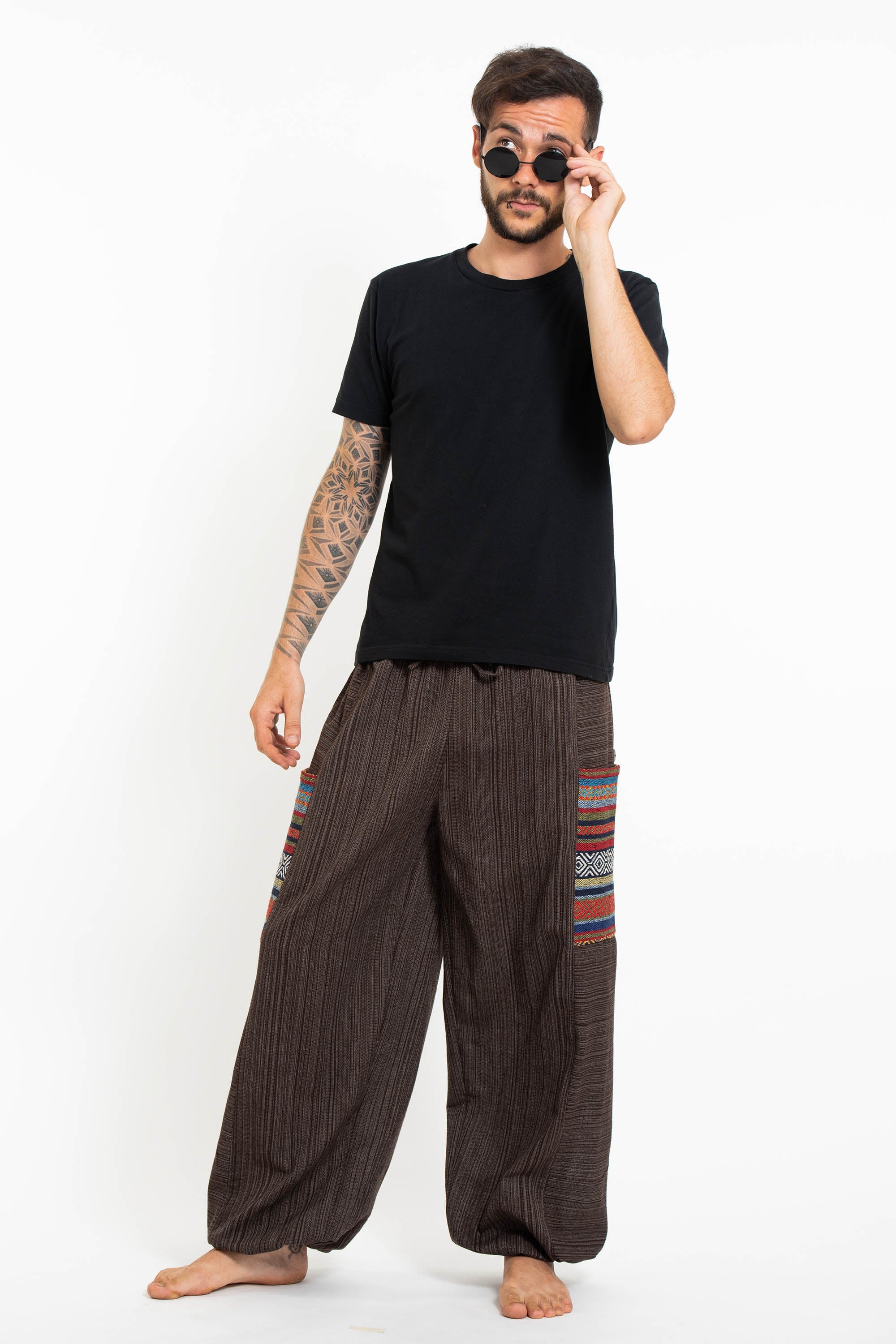 Men's Drawstring Pinstripes Cotton Pants with Aztec Pocket in Brown