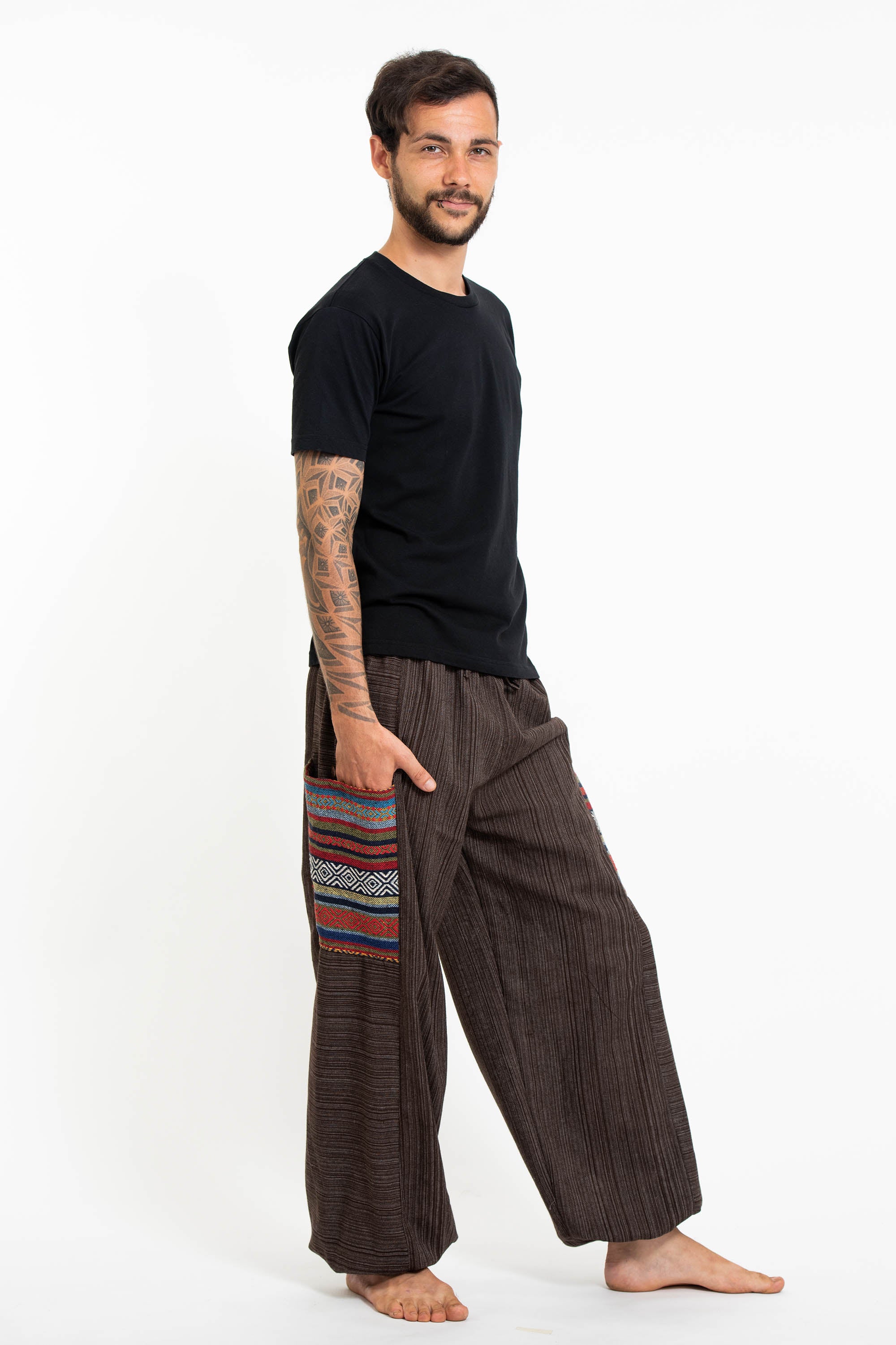 490-Men-s-Drawstring-Pinstripes-Cotton-Pants-with-Aztec-Pocket-in-Brown-3.jpg Men's Drawstring Pinstripes Cotton Pants with Aztec Pocket in Brown