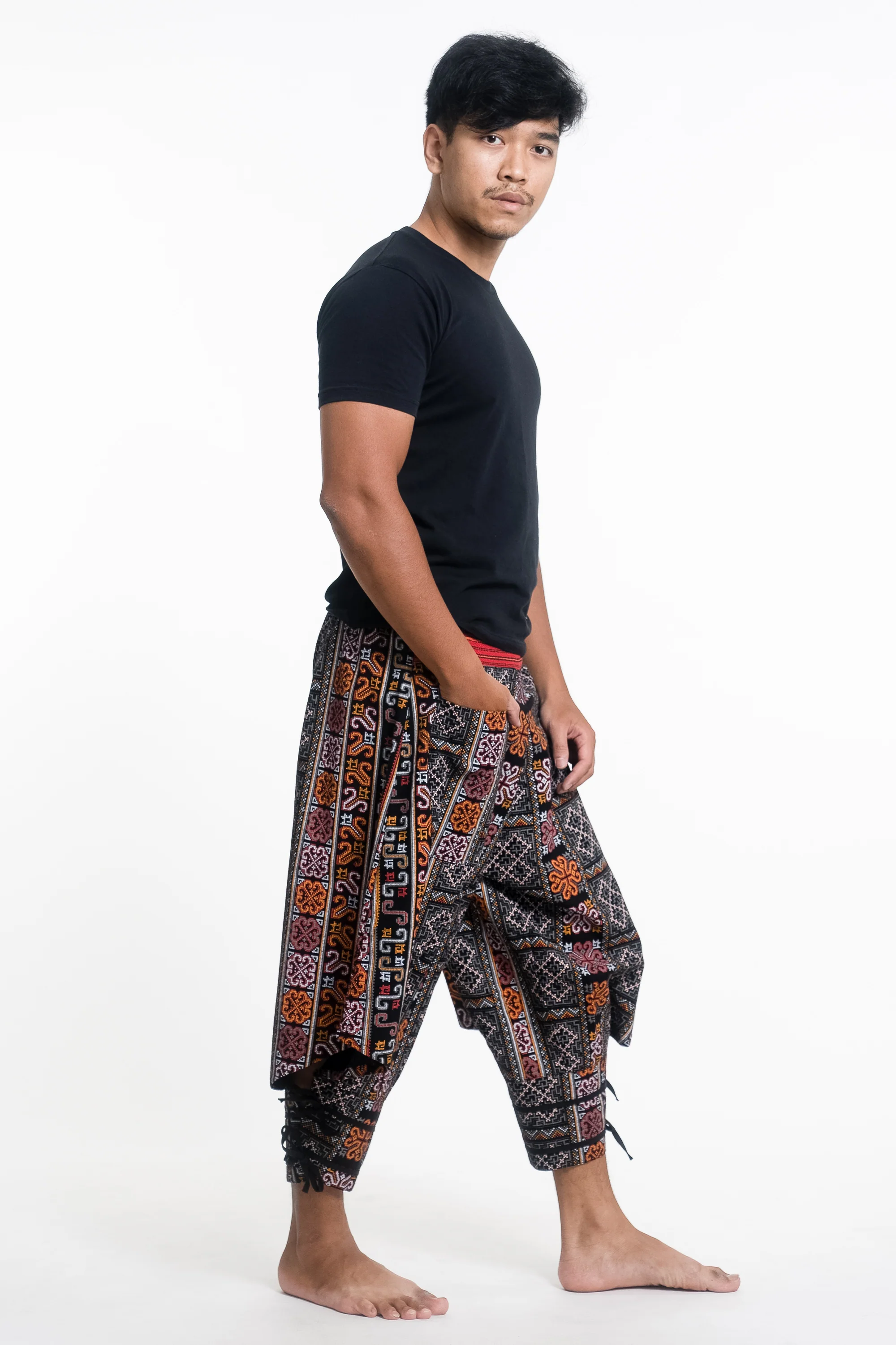 493-Clovers-Thai-Hill-Tribe-Fabric-Men-s-Harem-Pants-with-Ankle-Straps-in-Black-3.webp Clovers Thai Hill Tribe Fabric Men's Harem Pants with Ankle Straps in Black