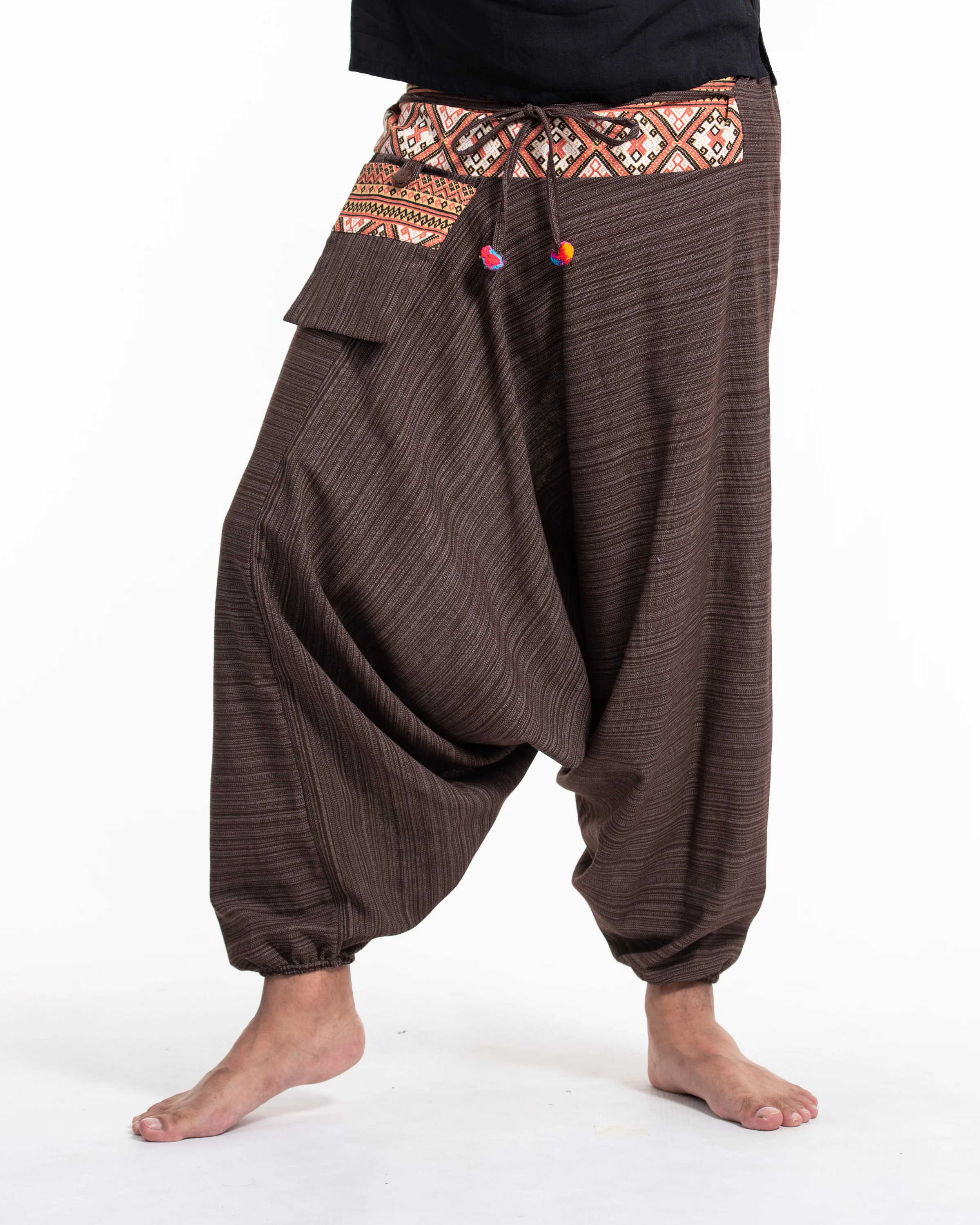 494-Pinstripe-Cotton-Low-Cut-Men-s-Harem-Pants-With-Hill-Tribe-Trim-Brown-2.webp Pinstripe Cotton Low Cut Men's Harem Pants With Hill Tribe Trim Brown