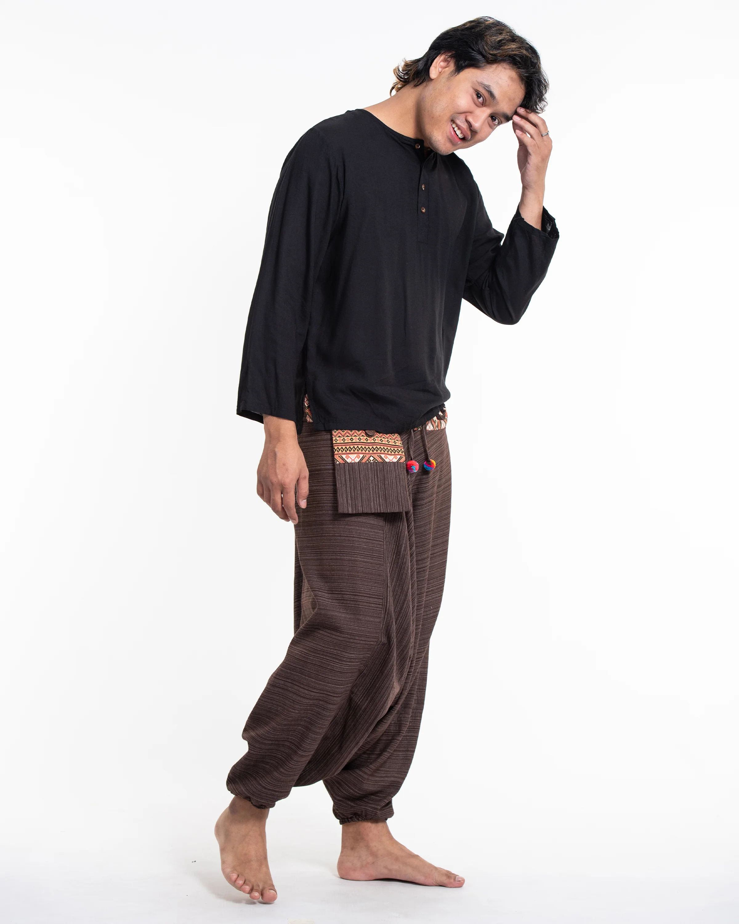 494-Pinstripe-Cotton-Low-Cut-Men-s-Harem-Pants-With-Hill-Tribe-Trim-Brown-3.webp Pinstripe Cotton Low Cut Men's Harem Pants With Hill Tribe Trim Brown