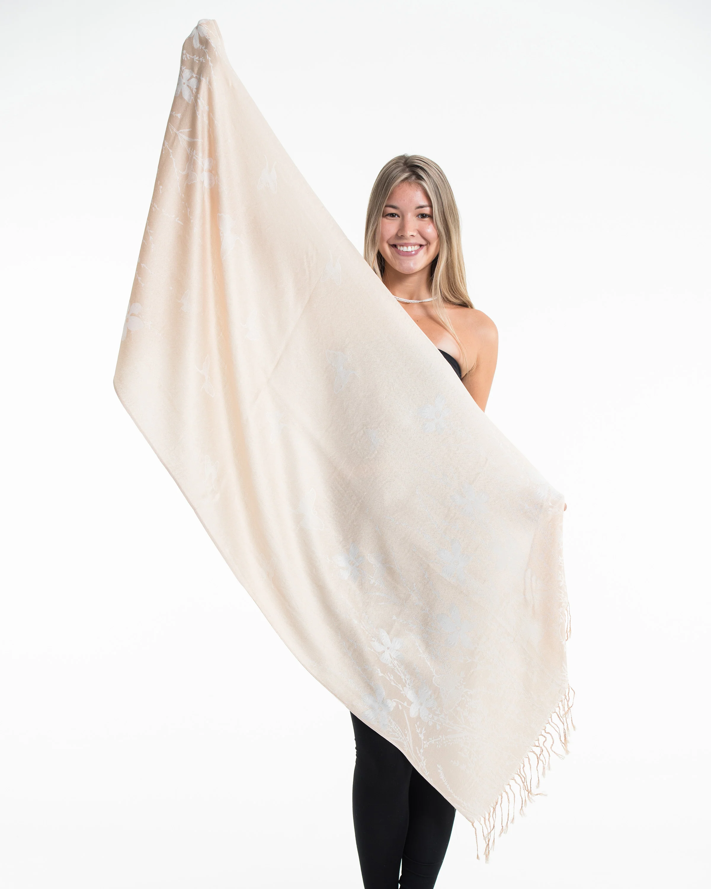 Nepal Floral Butterfly Pashmina Shawl Scarf in Cream