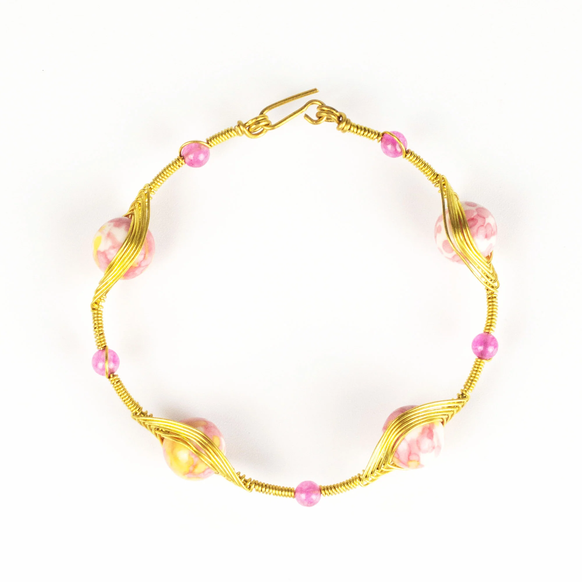 Wired Brass Bracelet with Pink Marble Beads