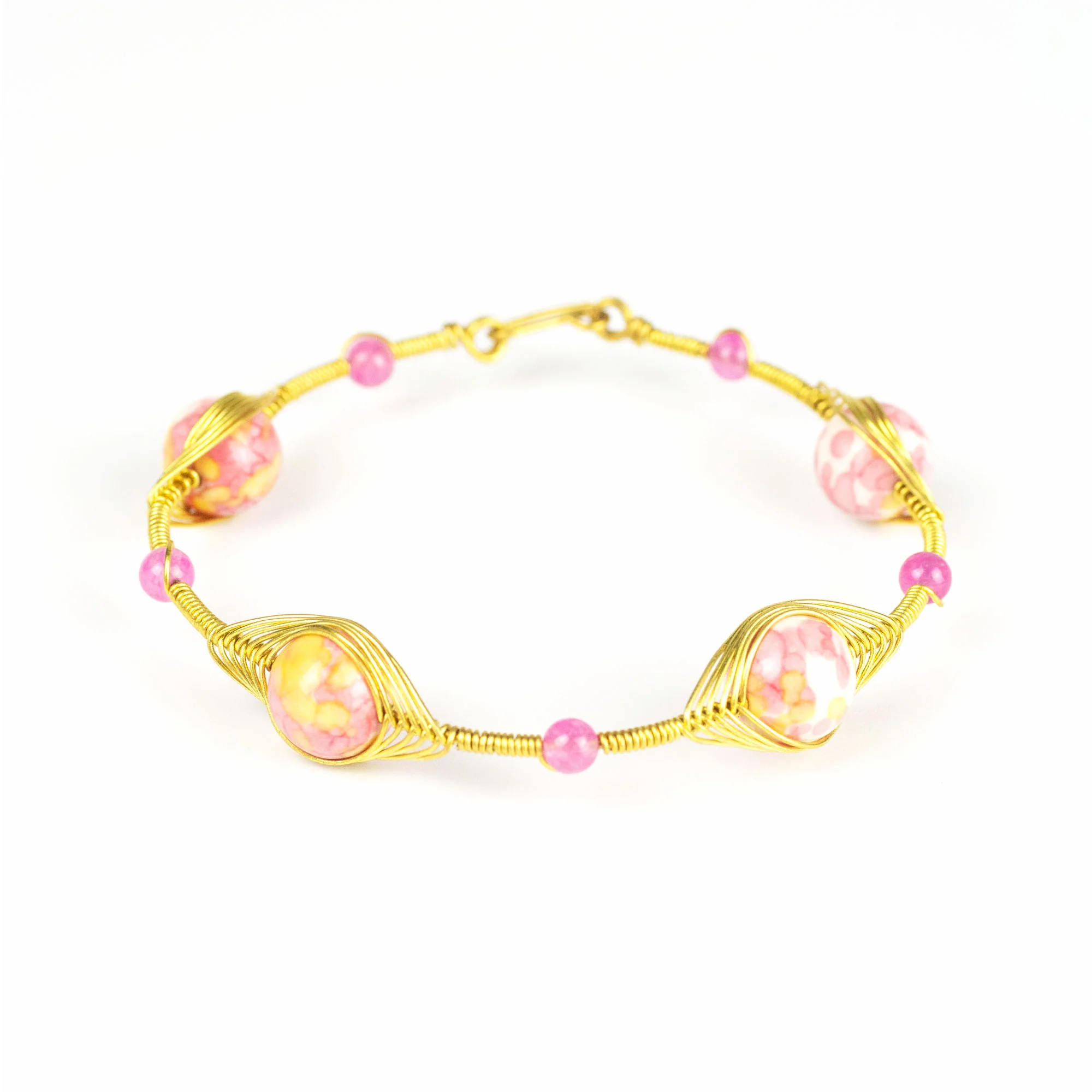 Wired Brass Bracelet with Pink Marble Beads