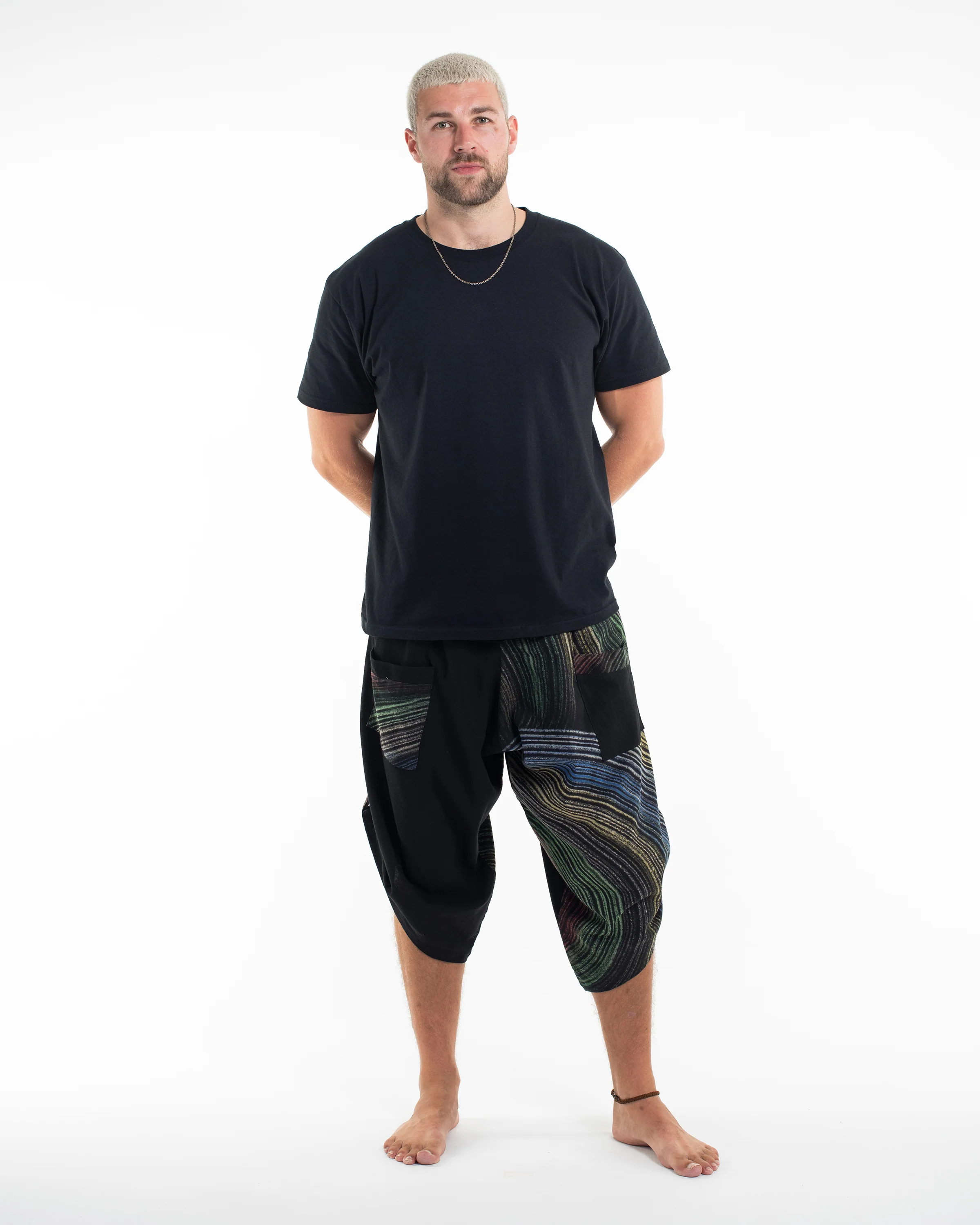 Two Tone Rainbow Prints Men's Three Quarter Pants in Black