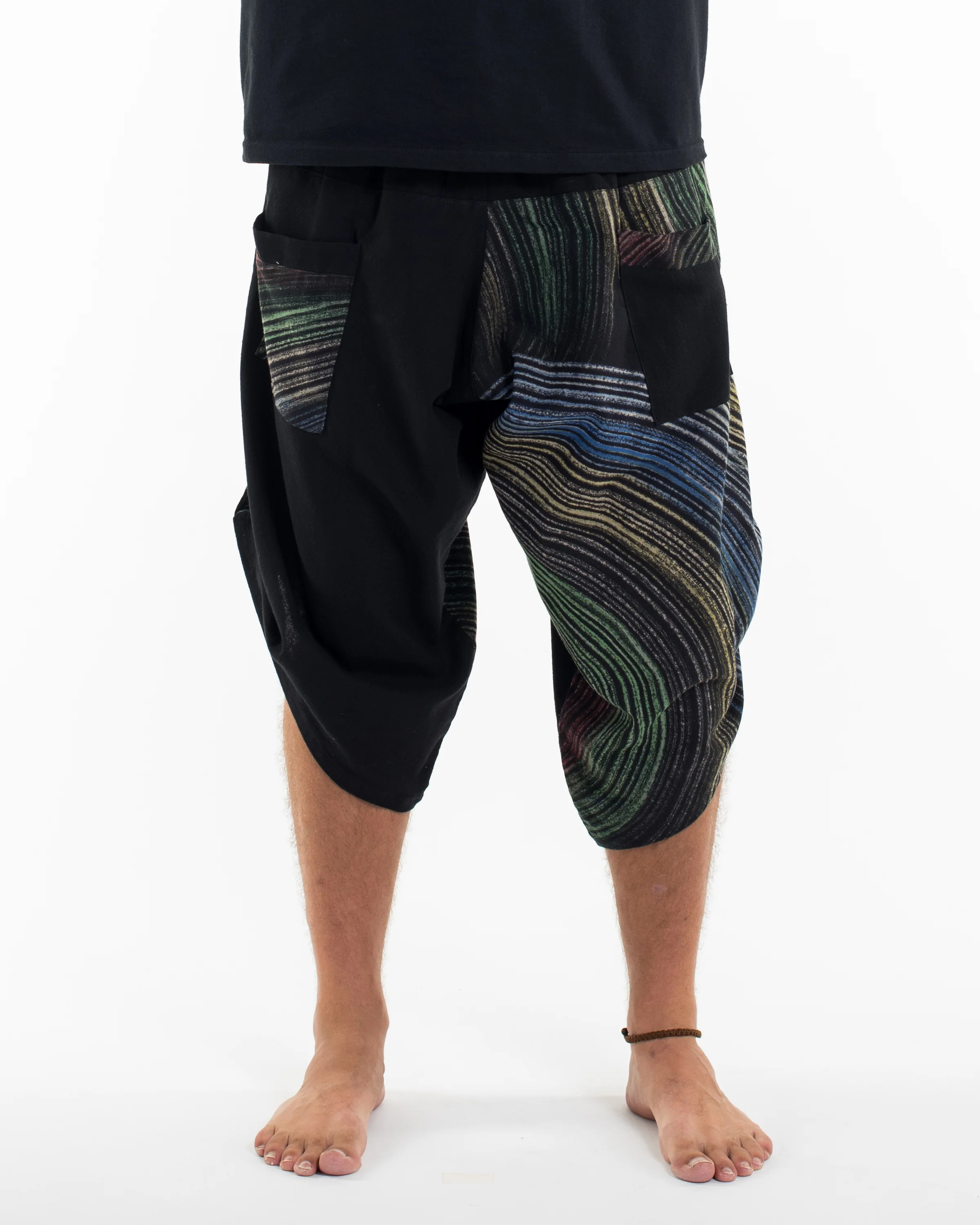 Two Tone Rainbow Prints Men's Three Quarter Pants in Black