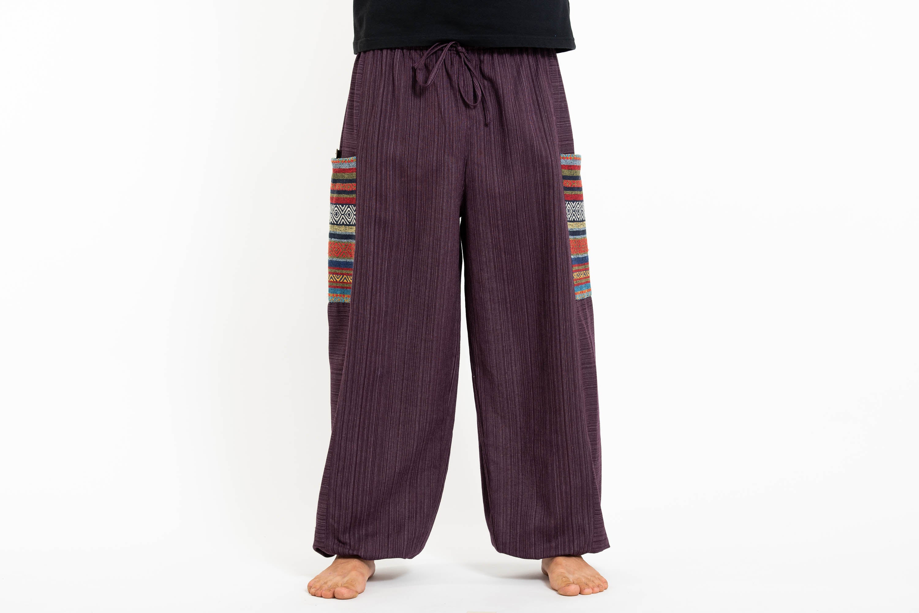 Men's Drawstring Pinstripes Cotton Pants with Aztec Pocket in Purple