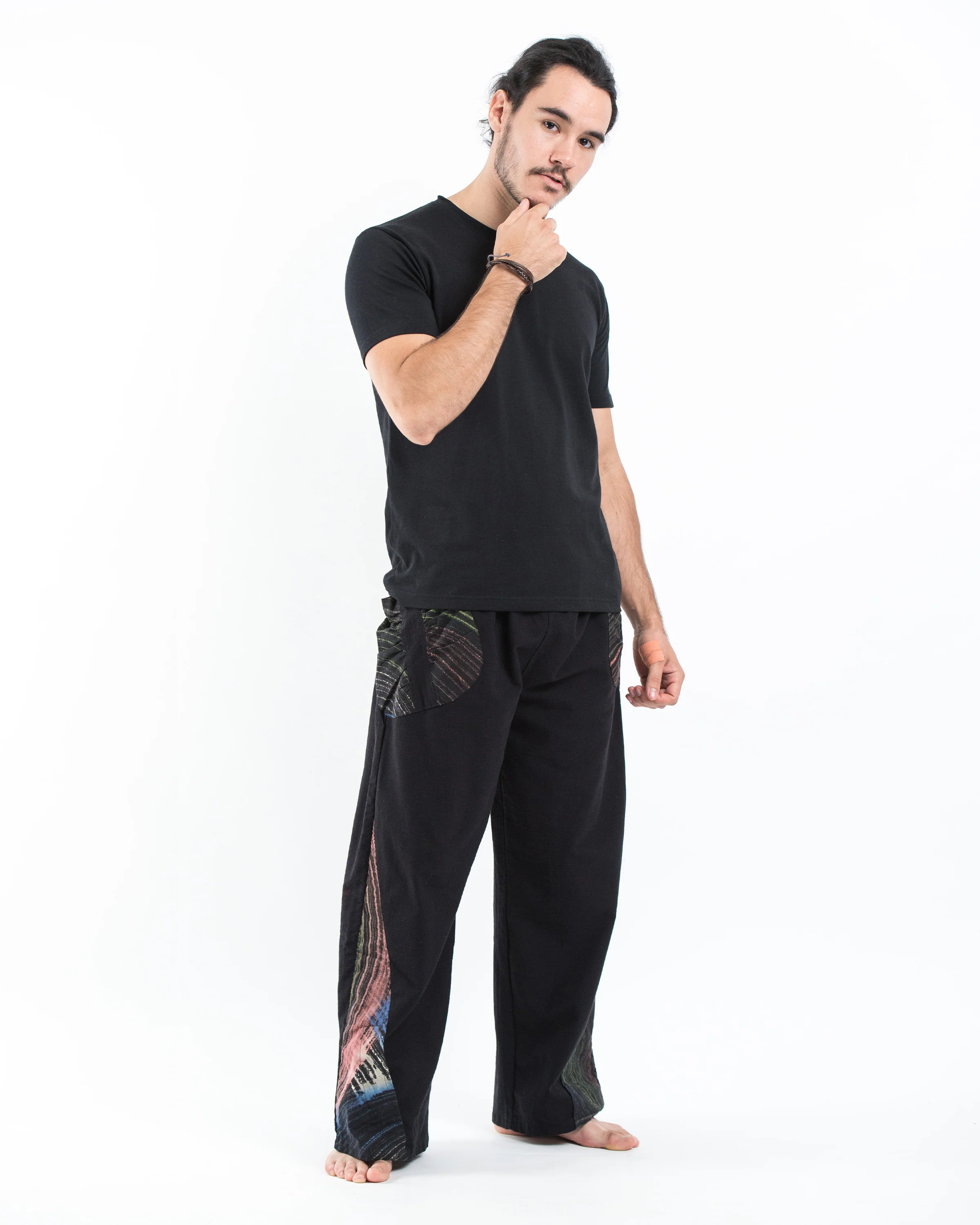 Thai Cotton Men's Pants With Hill Tribe Trim in Black