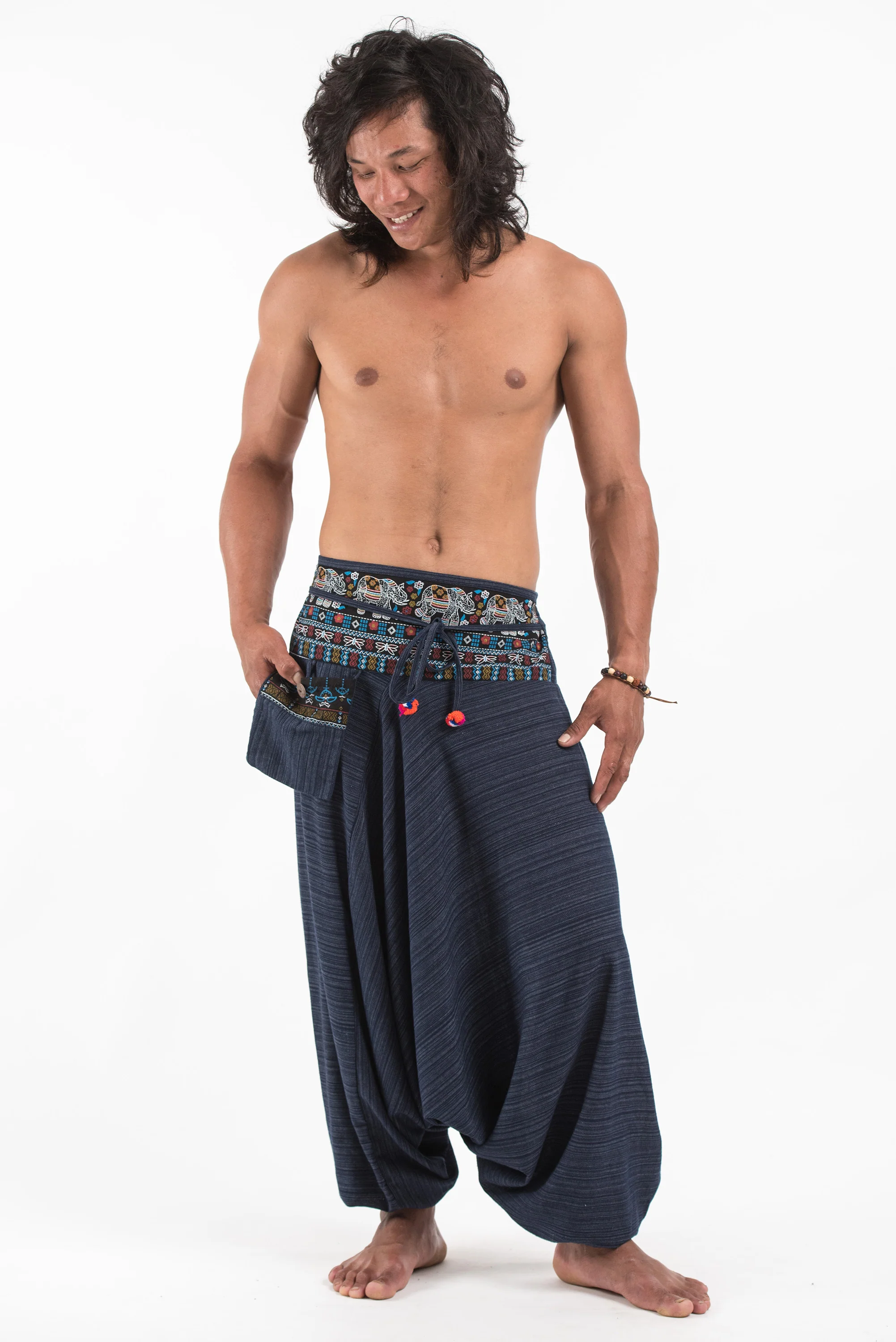 Pinstripe Cotton Low Cut Men's Harem Pants with Elephant Trim in Navy
