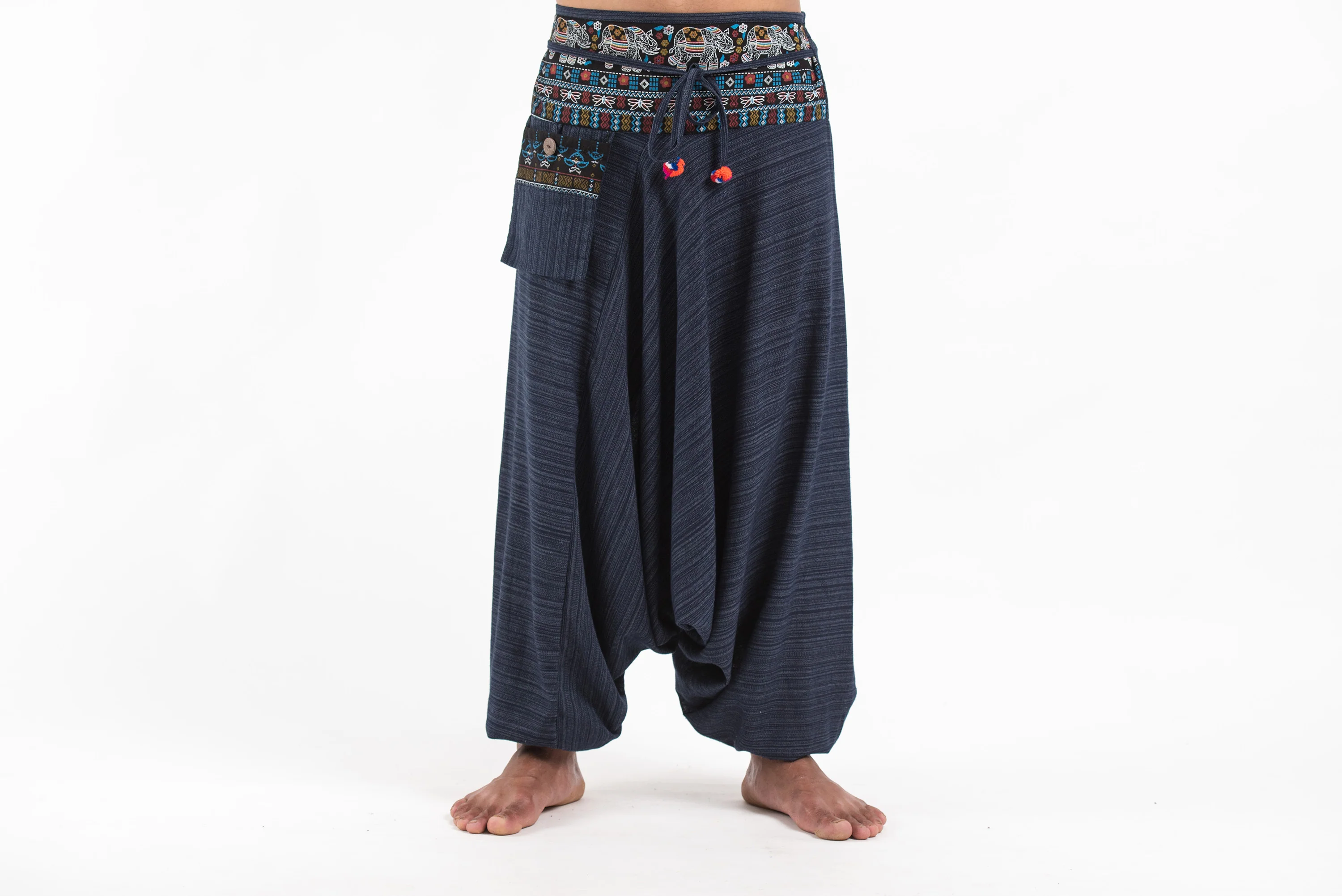 Pinstripe Cotton Low Cut Men's Harem Pants with Elephant Trim in Navy