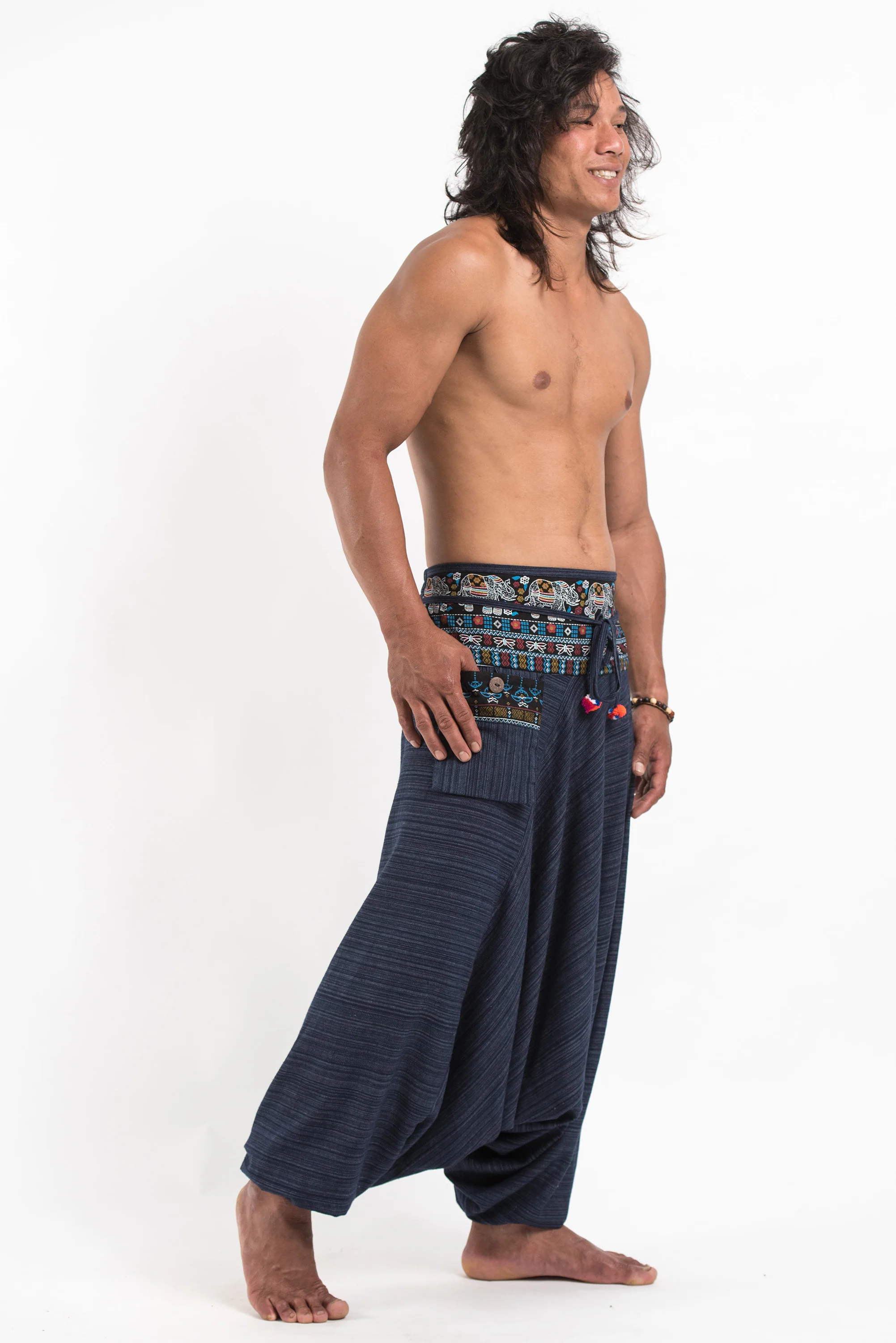 505-Pinstripe-Cotton-Low-Cut-Men-s-Harem-Pants-with-Elephant-Trim-in-Navy-3.webp Pinstripe Cotton Low Cut Men's Harem Pants with Elephant Trim in Navy