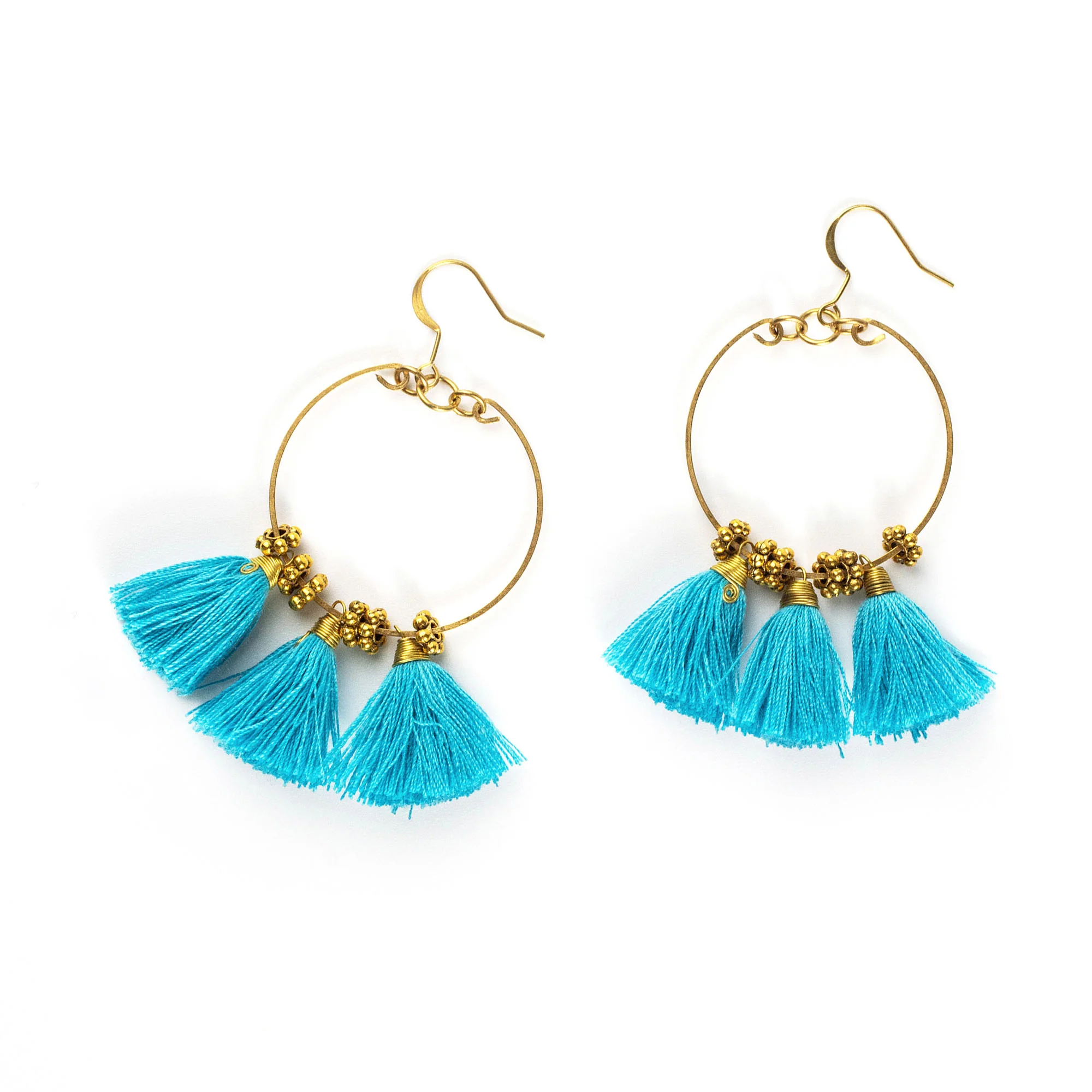 Circle Blue Tassels Brass Earrings