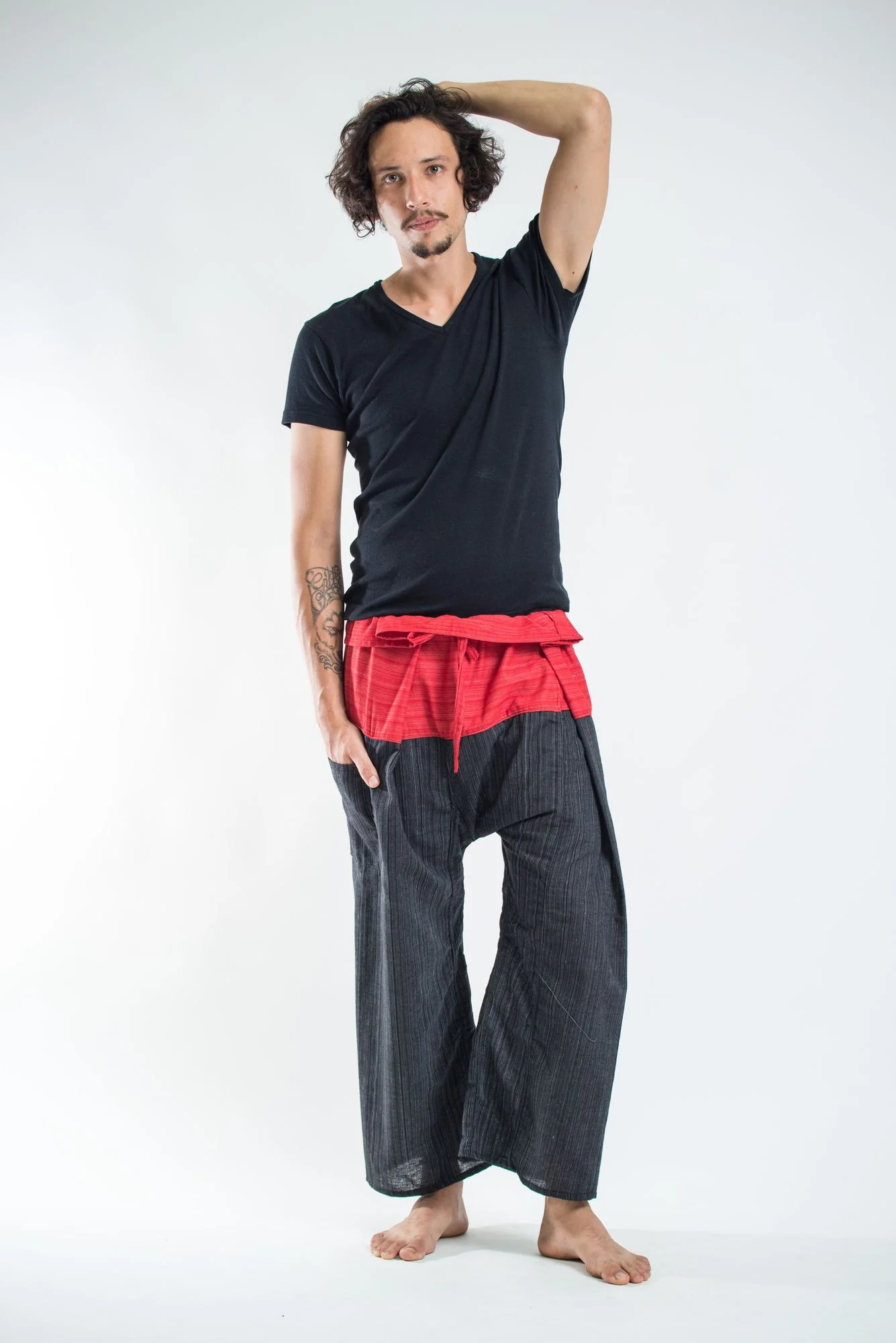 Unisex 2-Tone Pinstripes Thai Fisherman Pants in Black Red