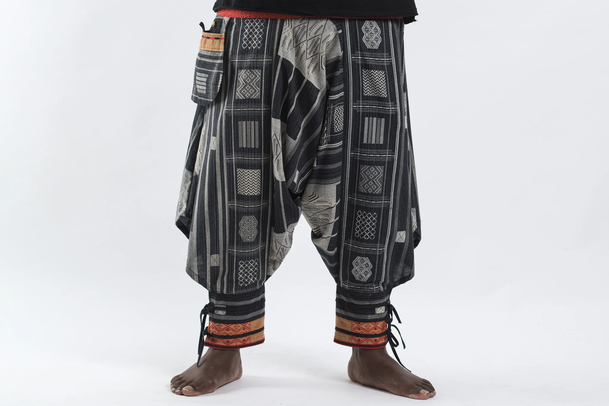 Plus Size Thai Hill Tribe Fabric Men Harem Pants with Ankle Straps in Black