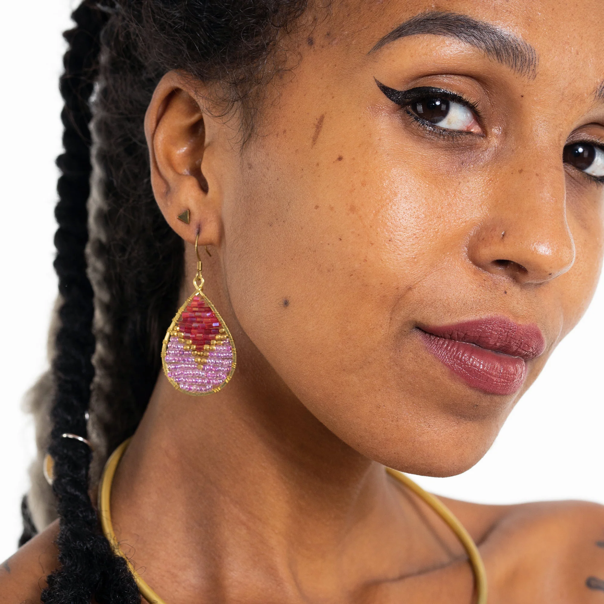 Oval Purple Beads Brass Earrings