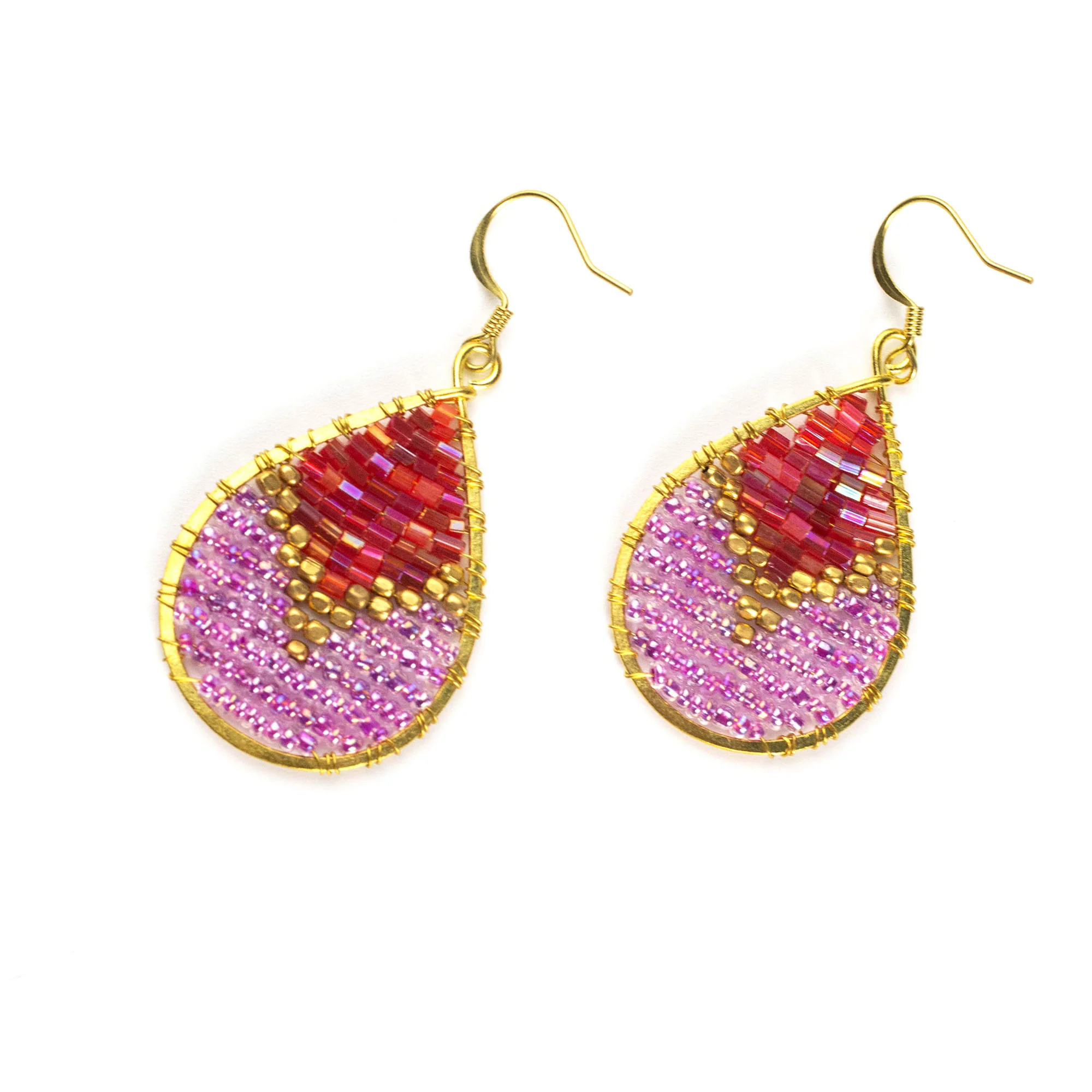 Oval Purple Beads Brass Earrings
