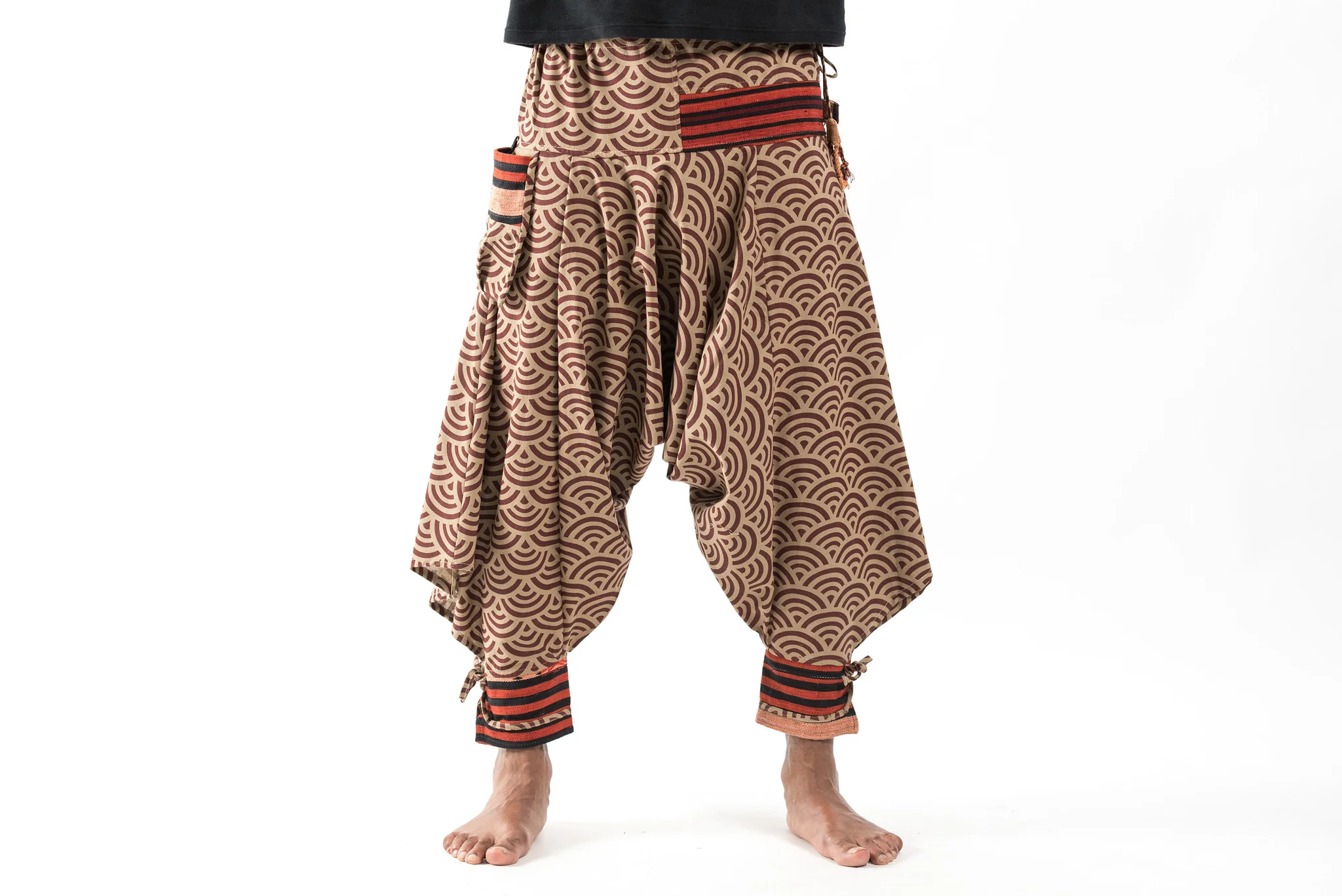 Seigaiha Wave Print Hill Tribe Drawstring Men's Harem Pants with Ankle Straps