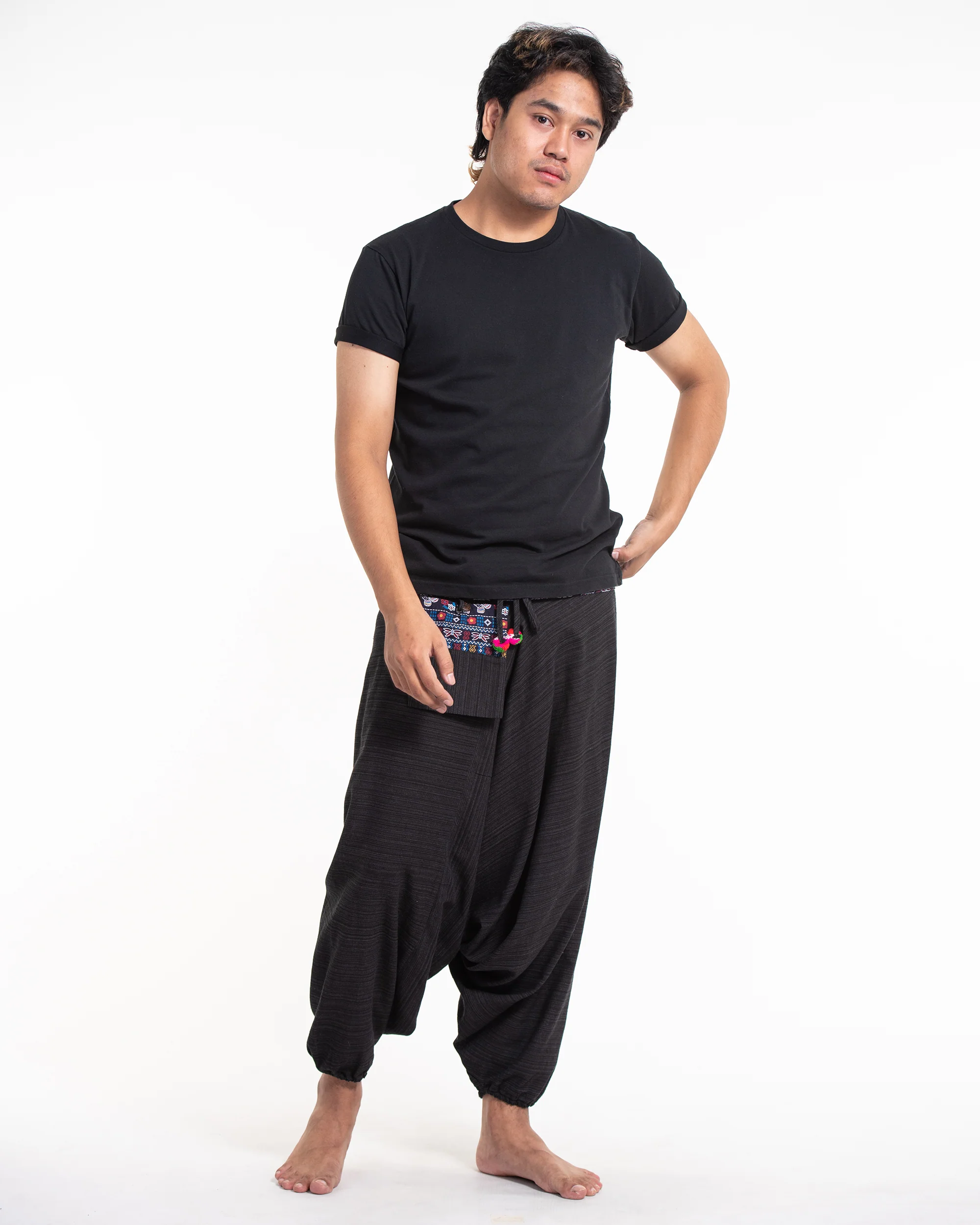 Pinstripe Cotton Low Cut Men's Harem Pants with Elephant Trim in Black